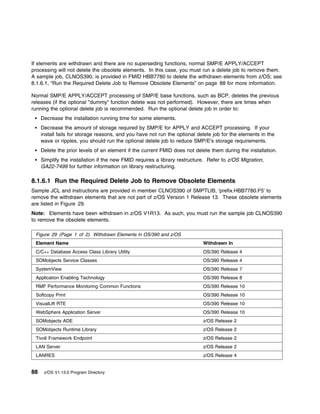 If elements are withdrawn and there are no superseding functions, normal SMP/E APPLY/ACCEPT
processing will not delete the obsolete elements. In this case, you must run a delete job to remove them.
A sample job, CLNOS390, is provided in FMID HBB7780 to delete the withdrawn elements from z/OS; see
8.1.6.1, “Run the Required Delete Job to Remove Obsolete Elements” on page 88 for more information.

Normal SMP/E APPLY/ACCEPT processing of SMP/E base functions, such as BCP, deletes the previous
releases (if the optional "dummy" function delete was not performed). However, there are times when
running the optional delete job is recommended. Run the optional delete job in order to:
     Decrease the installation running time for some elements.
     Decrease the amount of storage required by SMP/E for APPLY and ACCEPT processing. If your
     install fails for storage reasons, and you have not run the optional delete job for the elements in the
     wave or ripples, you should run the optional delete job to reduce SMP/E's storage requirements.
     Delete the prior levels of an element if the current FMID does not delete them during the installation.
     Simplify the installation if the new FMID requires a library restructure. Refer to z/OS Migration,
     GA22-7499 for further information on library restructuring.

8.1.6.1 Run the Required Delete Job to Remove Obsolete Elements
Sample JCL and instructions are provided in member CLNOS390 of SMPTLIB, 'prefix.HBB7780.F5' to
remove the withdrawn elements that are not part of z/OS Version 1 Release 13. These obsolete elements
are listed in Figure 29.
Note: Elements have been withdrawn in z/OS V1R13. As such, you must run the sample job CLNOS390
to remove the obsolete elements.

 Figure 29 (Page 1 of 2). Withdrawn Elements in OS/390 and z/OS
 Element Name                                                               Withdrawn In
 C/C++ Database Access Class Library Utility                                OS/390 Release 4
 SOMobjects Service Classes                                                 OS/390 Release 4
 SystemView                                                                 OS/390 Release 7
 Application Enabling Technology                                            OS/390 Release 8
 RMF Performance Monitoring Common Functions                                OS/390 Release 10
 Softcopy Print                                                             OS/390 Release 10
 VisualLift RTE                                                             OS/390 Release 10
 WebSphere Application Server                                               OS/390 Release 10
 SOMobjects ADE                                                             z/OS Release 2
 SOMobjects Runtime Library                                                 z/OS Release 2
 Tivoli Framework Endpoint                                                  z/OS Release 2
 LAN Server                                                                 z/OS Release 2
 LANRES                                                                     z/OS Release 4


88    z/OS V1.13.0 Program Directory
 
