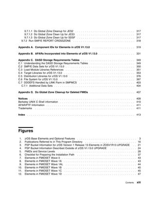 9.7.1.1 Do Global Zone Cleanup for JES2 .              . . . . . . . . . . . . . . . . . . . . . . . . . . . . . .     317
     9.7.1.2 Do Global Zone Clean Up for JES3               . . . . . . . . . . . . . . . . . . . . . . . . . . . . . .     317
     9.7.1.3 Do Global Zone Clean Up for SDSF               . . . . . . . . . . . . . . . . . . . . . . . . . . . . . .     317
  9.7.2 Run SMP/E REPORT CROSSZONE . .                      . . . . . . . . . . . . . . . . . . . . . . . . . . . . . .     318

Appendix A. Component IDs for Elements in z/OS V1.13.0                      . . . . . . . . . . . . . . . . . . . . . .     319

Appendix B. APARs Incorporated into Elements of z/OS V1.13.0                      . . . . . . . . . . . . . . . . . . .     331

Appendix C. DASD Storage Requirements Tables . . . .                    . . . . . . . . . . . . . . . . . . . . . . . .     349
C.1 Understanding the DASD Storage Requirements Tables                    . . . . . . . . . . . . . . . . . . . . . . .     349
C.2 SMP/E Data Sets for z/OS V1.13.0 . . . . . . . . . . . .            . . . . . . . . . . . . . . . . . . . . . . . .     350
C.3 Load Module Libraries References . . . . . . . . . . . .            . . . . . . . . . . . . . . . . . . . . . . . .     351
C.4 Target Libraries for z/OS V1.13.0 . . . . . . . . . . . . .         . . . . . . . . . . . . . . . . . . . . . . . .     353
C.5 Distribution Libraries for z/OS V1.13.0 . . . . . . . . . .         . . . . . . . . . . . . . . . . . . . . . . . .     376
C.6 File System for z/OS V1.13.0 . . . . . . . . . . . . . . .          . . . . . . . . . . . . . . . . . . . . . . . .     397
C.7 DDDEFS Handled by LINK Parm in SMPMCS . . . . .                     . . . . . . . . . . . . . . . . . . . . . . . .     403
  C.7.1 Additional Data Sets . . . . . . . . . . . . . . . . . .        . . . . . . . . . . . . . . . . . . . . . . . .     404

Appendix D. Do Global Zone Cleanup for Deleted FMIDs                      . . . . . . . . . . . . . . . . . . . . . . .     407

Notices . . . . . . . . . . . . . . . .   . . . . . . . . . . . . . . . . . . . . . . . . . . . . . . . . . . . . . . .     409
Berkeley UNIX C Shell information         . . . . . . . . . . . . . . . . . . . . . . . . . . . . . . . . . . . . . . .     410
APAR/PTF Information . . . . . . .        . . . . . . . . . . . . . . . . . . . . . . . . . . . . . . . . . . . . . . .     411
Trademarks . . . . . . . . . . . . .      . . . . . . . . . . . . . . . . . . . . . . . . . . . . . . . . . . . . . . .     411

Index   . . . . . . . . . . . . . . . . . . . . . . . . . . . . . . . . . . . . . . . . . . . . . . . . . . . . . . . .     413




Figures
 1.   z/OS Base Elements and Optional Features . . . . . . . . . . . . . . . . . . . . . . . . . . . .              . . .     3
 2.   Publications Referred to in This Program Directory . . . . . . . . . . . . . . . . . . . . . . . .            . . .    16
 3.   PSP Bucket Information for z/OS Version 1 Release 13 Elements in ZOSV1R13 UPGRADE                               . .    21
 4.   PSP Bucket Information Described Outside of z/OS V1.13.0 UPGRADE . . . . . . . . . . .                        . . .    24
 5.   FMIDs and Service Levels . . . . . . . . . . . . . . . . . . . . . . . . . . . . . . . . . . . . . .          . . .    28
 6.   Checklist for Preparing the Installation Path . . . . . . . . . . . . . . . . . . . . . . . . . . . .         . . .    37
 7.   Elements in FMIDSET Wave 0 . . . . . . . . . . . . . . . . . . . . . . . . . . . . . . . . . . . .            . . .    43
 8.   Elements in FMIDSET Wave 1A . . . . . . . . . . . . . . . . . . . . . . . . . . . . . . . . . . .             . . .    43
 9.   Elements in FMIDSET Wave 1AL . . . . . . . . . . . . . . . . . . . . . . . . . . . . . . . . . .              . . .    44
10.   Elements in FMIDSET Wave 1B . . . . . . . . . . . . . . . . . . . . . . . . . . . . . . . . . . .             . . .    45
11.   Elements in FMIDSET Wave 1C . . . . . . . . . . . . . . . . . . . . . . . . . . . . . . . . . . .             . . .    45
12.   Elements in FMIDSET Wave 1D . . . . . . . . . . . . . . . . . . . . . . . . . . . . . . . . . . .             . . .    47


                                                                                                              Contents      xiii
 