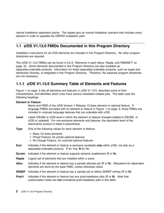 natural installation separation points. The ripples give an overall installation scenario that includes every
element in order to expedite the CBPDO installation path.


1.1 z/OS V1.13.0 FMIDs Documented in this Program Directory
Installation instructions for all z/OS elements are included in this Program Directory. No other program
directories are required.

The z/OS V1.13.0 FMIDs can be found in 6.5.3, “Elements in each Wave, Ripple, and FMIDSET” on
page 42. Some elements documented in this Program Directory are also available as
separately-orderable products. Information for these separately-orderable products, such as target and
distribution libraries, is integrated in this Program Directory. Therefore, the separate program directories
are not necessary.

1.1.1 z/OS V1.13.0 Summary Table of Elements and Features
Figure 1 on page 3 lists all elements and features in z/OS V1.13.0, describes some of their
characteristics, and identifies which ones have various installation-related jobs. The table uses the
following headings.
Element or Feature
        Name and FMID of the z/OS Version 1 Release 13 base element or optional feature. If
        language FMIDs are listed with an element or feature in Figure 1 on page 3, those FMIDs are
        included in unpriced language features that are orderable with z/OS.
Level     Latest OS/390 or z/OS level in which the element or feature changed (added to OS/390 or
          z/OS or updated). For non-exclusive elements and features, the equivalent level of the
          stand-alone product is listed in parenthesis.
Type      One of the following values for each element or feature:
               Base, for base elements
               Priced Feature, for priced optional features
               No Charge Feature, for unpriced optional features
Excl      Indicates if the element or feature is exclusive (available only within z/OS, not also as a
          separately-orderable product). Y for Yes; N for No.
Dynam     Indicates if the element or feature supports dynamic enablement (Y or N).
Ripple    Logical set of elements that are installed within a wave.
Alloc     Indicates if the element or feature has a sample allocate job (Y or N). Allocations for dependent
          elements are done by the base FMID, unless otherwise noted.
DDDEF     Indicates if the element or feature has a sample job to define DDDEF entries (Y or N).
Post-I    Indicates if the element or feature has any post-installation jobs (Y or N). Note that
          customization tasks are not considered post-installation jobs in this table.



2   z/OS V1.13.0 Program Directory
 