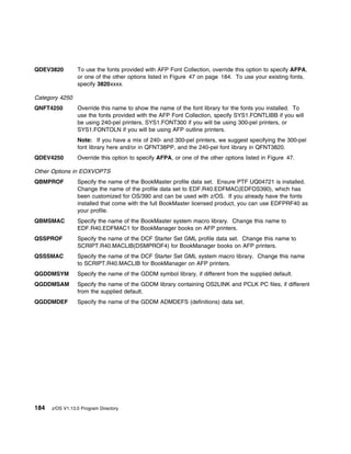 QDEV3820         To use the fonts provided with AFP Font Collection, override this option to specify AFPA,
                 or one of the other options listed in Figure 47 on page 184. To use your existing fonts,
                 specify 3820xxxx.

Category 4250
QNFT4250         Override this name to show the name of the font library for the fonts you installed. To
                 use the fonts provided with the AFP Font Collection, specify SYS1.FONTLIBB if you will
                 be using 240-pel printers, SYS1.FONT300 if you will be using 300-pel printers, or
                 SYS1.FONTOLN if you will be using AFP outline printers.
                 Note: If you have a mix of 240- and 300-pel printers, we suggest specifying the 300-pel
                 font library here and/or in QFNT38PP, and the 240-pel font library in QFNT3820.
QDEV4250         Override this option to specify AFPA, or one of the other options listed in Figure 47.

Other Options in EOXVOPTS
QBMPROF          Specify the name of the BookMaster profile data set. Ensure PTF UQ04721 is installed.
                 Change the name of the profile data set to EDF.R40.EDFMAC(EDFOS390), which has
                 been customized for OS/390 and can be used with z/OS. If you already have the fonts
                 installed that come with the full BookMaster licensed product, you can use EDFPRF40 as
                 your profile.
QBMSMAC          Specify the name of the BookMaster system macro library. Change this name to
                 EDF.R40.EDFMAC1 for BookManager books on AFP printers.
QSSPROF          Specify the name of the DCF Starter Set GML profile data set. Change this name to
                 SCRIPT.R40.MACLIB(DSMPROF4) for BookManager books on AFP printers.
QSSSMAC          Specify the name of the DCF Starter Set GML system macro library. Change this name
                 to SCRIPT.R40.MACLIB for BookManager on AFP printers.
QGDDMSYM         Specify the name of the GDDM symbol library, if different from the supplied default.
QGDDMSAM         Specify the name of the GDDM library containing OS2LINK and PCLK PC files, if different
                 from the supplied default.
QGDDMDEF         Specify the name of the GDDM ADMDEFS (definitions) data set.




184   z/OS V1.13.0 Program Directory
 