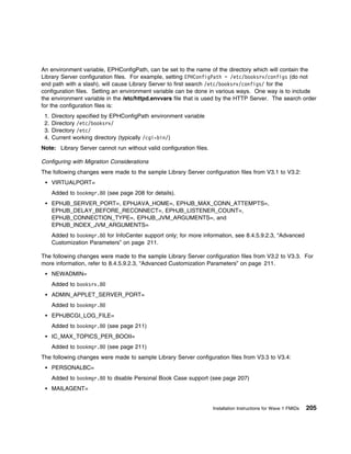 An environment variable, EPHConfigPath, can be set to the name of the directory which will contain the
Library Server configuration files. For example, setting EPHConfigPath = /etc/booksrv/configs (do not
end path with a slash), will cause Library Server to first search /etc/booksrv/configs/ for the
configuration files. Setting an environment variable can be done in various ways. One way is to include
the environment variable in the /etc/httpd.envvars file that is used by the HTTP Server. The search order
for the configuration files is:
 1.   Directory specified by EPHConfigPath environment variable
 2.   Directory /etc/booksrv/
 3.   Directory /etc/
 4.   Current working directory (typically /cgi-bin/)
Note: Library Server cannot run without valid configuration files.

Configuring with Migration Considerations
The following changes were made to the sample Library Server configuration files from V3.1 to V3.2:
      VIRTUALPORT=
      Added to bookmgr.8 (see page 208 for details).
      EPHJB_SERVER_PORT=, EPHJAVA_HOME=, EPHJB_MAX_CONN_ATTEMPTS=,
      EPHJB_DELAY_BEFORE_RECONNECT=, EPHJB_LISTENER_COUNT=,
      EPHJB_CONNECTION_TYPE=, EPHJB_JVM_ARGUMENTS=, and
      EPHJB_INDEX_JVM_ARGUMENTS=
      Added to bookmgr.8 for InfoCenter support only; for more information, see 8.4.5.9.2.3, “Advanced
      Customization Parameters” on page 211.

The following changes were made to the sample Library Server configuration files from V3.2 to V3.3. For
more information, refer to 8.4.5.9.2.3, “Advanced Customization Parameters” on page 211.
      NEWADMIN=
      Added to booksrv.8
      ADMIN_APPLET_SERVER_PORT=
      Added to bookmgr.8
      EPHJBCGI_LOG_FILE=
      Added to bookmgr.8 (see page 211)
      IC_MAX_TOPICS_PER_BOOII=
      Added to bookmgr.8 (see page 211)
The following changes were made to sample Library Server configuration files from V3.3 to V3.4:
      PERSONALBC=
      Added to bookmgr.8 to disable Personal Book Case support (see page 207)
      MAILAGENT=


                                                                     Installation Instructions for Wave 1 FMIDs   205
 