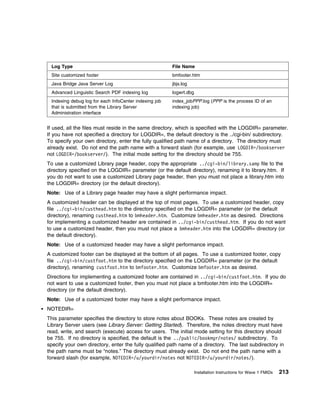 Log Type                                              File Name
 Site customized footer                                bmfooter.htm
 Java Bridge Java Server Log                           jbjs.log
 Advanced Linguistic Search PDF indexing log           logwrt.dbg
 Indexing debug log for each InfoCenter indexing job   index_jobPPP.log (PPP is the process ID of an
 that is submitted from the Library Server             indexing job)
 Administration interface


If used, all the files must reside in the same directory, which is specified with the LOGDIR= parameter.
If you have not specified a directory for LOGDIR=, the default directory is the ../cgi-bin/ subdirectory.
To specify your own directory, enter the fully qualified path name of a directory. The directory must
already exist. Do not end the path name with a forward slash (for example, use LOGDIR=/bookserver
not LOGDIR=/bookserver/). The initial mode setting for the directory should be 755.
To use a customized Library page header, copy the appropriate ../cgi-bin/library.samp file to the
directory specified on the LOGDIR= parameter (or the default directory), renaming it to library.htm. If
you do not want to use a customized Library page header, then you must not place a library.htm into
the LOGDIR= directory (or the default directory).
Note: Use of a Library page header may have a slight performance impact.
A customized header can be displayed at the top of most pages. To use a customized header, copy
file ../cgi-bin/custhead.htm to the directory specified on the LOGDIR= parameter (or the default
directory), renaming custhead.htm to bmheader.htm. Customize bmheader.htm as desired. Directions
for implementing a customized header are contained in ../cgi-bin/custhead.htm. If you do not want
to use a customized header, then you must not place a bmheader.htm into the LOGDIR= directory (or
the default directory).
Note: Use of a customized header may have a slight performance impact.
A customized footer can be displayed at the bottom of all pages. To use a customized footer, copy
file ../cgi-bin/custfoot.htm to the directory specified on the LOGDIR= parameter (or the default
directory), renaming custfoot.htm to bmfooter.htm. Customize bmfooter.htm as desired.
Directions for implementing a customized footer are contained in ../cgi-bin/custfoot.htm. If you do
not want to use a customized footer, then you must not place a bmfooter.htm into the LOGDIR=
directory (or the default directory).
Note: Use of a customized footer may have a slight performance impact.
NOTEDIR=
This parameter specifies the directory to store notes about BOOKs. These notes are created by
Library Server users (see Library Server: Getting Started). Therefore, the notes directory must have
read, write, and search (execute) access for users. The initial mode setting for this directory should
be 755. If no directory is specified, the default is the ../public/bookmgr/notes/ subdirectory. To
specify your own directory, enter the fully qualified path name of a directory. The last subdirectory in
the path name must be “notes.” The directory must already exist. Do not end the path name with a
forward slash (for example, NOTEDIR=/u/yourdir/notes not NOTEDIR=/u/yourdir/notes/).

                                                                    Installation Instructions for Wave 1 FMIDs   213
 