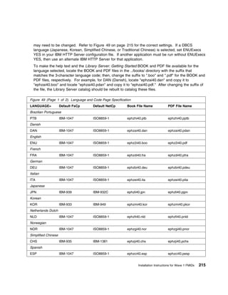 may need to be changed. Refer to Figure 49 on page 215 for the correct settings. If a DBCS
  language (Japanese, Korean, Simplified Chinese, or Traditional Chinese) is selected, set ENUExecs
  YES in your IBM HTTP Server configuration file. If another application must be run without ENUExecs
  YES, then use an alternate IBM HTTP Server for that application.
  To make the help text and the Library Server: Getting Started BOOK and PDF file available for the
  language selected, locate the BOOK and PDF files in the ../books/ directory with the suffix that
  matches the 3-character language code; then, change the suffix to ".boo" and ".pdf" for the BOOK and
  PDF files, respectively. For example, for DAN (Danish), locate "ephzai40.dan" and copy it to
  "ephzai40.boo" and locate "ephzai40.pdan" and copy it to "ephzai40.pdf." After changing the suffix of
  the file, the Library Server catalog should be rebuilt to catalog these files.

Figure 49 (Page 1 of 2). Language and Code Page Specification
LANGUAGE=            Default FsCp     Default NetCp       Book File Name               PDF File Name
Brazilian Portuguese
PTB                  IBM-1047         ISO8859-1           ephzhi40.ptb                 ephzhi40.pptb
Danish
DAN                  IBM-1047         ISO8859-1           ephzai40.dan                 ephzai40.pdan
English
ENU                  IBM-1047         ISO8859-1           ephz2i40.boo                 ephz2i40.pdf
French
FRA                  IBM-1047         ISO8859-1           ephzdi40.fra                 ephzdi40.pfra
German
DEU                  IBM-1047         ISO8859-1           ephzbi40.deu                 ephzbi40.pdeu
Italian
ITA                  IBM-1047         ISO8859-1           ephzei40.ita                 ephzei40.pita
Japanese
JPN                  IBM-939          IBM-932C            ephzli40.jpn                 ephzli40.pjpn
Korean
KOR                  IBM-933          IBM-949             ephzmi40.kor                 ephzmi40.pkor
Netherlands Dutch
NLD                  IBM-1047         ISO8859-1           ephzfi40.nld                 ephzfi40.pnld
Norwegian
NOR                  IBM-1047         ISO8859-1           ephzgi40.nor                 ephzgi40.pnor
Simplified Chinese
CHS                  IBM-935          IBM-1381            ephzji40.chs                 ephzji40.pchs
Spanish
ESP                  IBM-1047         ISO8859-1           ephzci40.esp                 ephzci40.pesp


                                                                 Installation Instructions for Wave 1 FMIDs   215
 