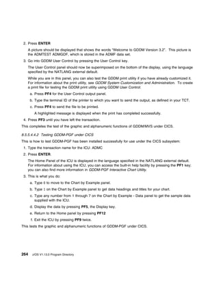 2. Press ENTER
   A picture should be displayed that shows the words “Welcome to GDDM Version 3.2”. This picture is
   the ADMTEST ADMGDF, which is stored in the ADMF data set.
 3. Go into GDDM User Control by pressing the User Control key.
   The User Control panel should now be superimposed on the bottom of the display, using the language
   specified by the NATLANG external default.
   While you are in this panel, you can also test the GDDM print utility if you have already customized it.
   For information about the print utility, see GDDM System Customization and Administration. To create
   a print file for testing the GDDM print utility using GDDM User Control:
      a. Press PF4 for the User Control output panel.
      b. Type the terminal ID of the printer to which you want to send the output, as defined in your TCT.
      c. Press PF4 to send the file to be printed.
        A highlighted message is displayed when the print has completed successfully.
 4. Press PF3 until you have left the transaction.
This completes the test of the graphic and alphanumeric functions of GDDM/MVS under CICS.

8.5.5.4.4.2 Testing GDDM-PGF under CICS
This is how to test GDDM-PGF has been installed successfully for use under the CICS subsystem:
 1. Type the transaction name for the ICU: ADMC
 2. Press ENTER.
   The Home Panel of the ICU is displayed in the language specified in the NATLANG external default.
   For information about using the ICU, you can access the built-in help facility by pressing the PF1 key;
   you can also find more information in GDDM-PGF Interactive Chart Utility.
 3. This is what you do:
      a. Type    to move to the Chart by Example panel.
      b. Type 1 on the Chart by Example panel to get data headings and titles for your chart.
      c. Type any number from 1 through 7 on the Chart by Example - Data panel to get the sample data
         supplied with the ICU.
      d. Display the data by pressing PF5, the Display key.
      e. Return to the Home panel by pressing PF12
      f. Exit the ICU by pressing PF9 twice.
This tests the graphic and alphanumeric functions of GDDM-PGF under CICS.




264    z/OS V1.13.0 Program Directory
 