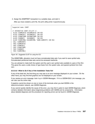 2. Assign the ADMPRINT transaction to a suitable class, and start it.
    After you have created a print file, the print utility prints it asynchronously.


 Suggested name: CHART

 /ᑍ INTERACTIVE CHART UTILITY ᑍ/
  ALLOC F(ADMCDATA) DA(ADMCDATA) SHR REU
  ALLOC F(ADMCDEF) DA(ADMCDEF) SHR REU
  ALLOC F(ADMCFORM) DA(ADMCFORM) SHR REU
  ALLOC F(ADMGDF)   DA(ADMGDF)   SHR REU
  ALLOC F(ADMSYMBL) DA(ADMSYMBL 'GDDM.SADMSYM') SHR REU
  CALL ᑍ(ADMCHART)
  FREE F(ADMCDATA)
  FREE F(ADMCDEF)
  FREE F(ADMCFORM)
  FREE F(ADMGDF)
  FREE F(ADMSYMBL)

Figure 65. Suggested CLIST for using the ICU

The ADMSYMBL allocation must not have concatenated data sets if you want to save symbol sets.
Concatenated partitioned data sets cannot be accessed read/write.
You are advised to make both the system and the user’s own symbol sets available to users of the ICU.
This gives the users a wide choice of type faces from the system sets, and special symbols from their
own.

8.5.5.4.6 What to Do If Any of the Installation Tests Fail
If any of the tests fail, the first thing you may see is an error message displayed on your screen. On the
other hand, you may find that graphics are not displayed on your screen.
If you receive an error message, look it up in GDDM Messages. If it is a GDDM-OS/2 Link message, you
can also use the online help.
If graphics cannot be shown on one or more of the terminals when you test GDDM or the
telecommunication network, see GDDM Diagnosis.
If you cannot quickly identify the cause of the error, you may find it useful to read GDDM Diagnosis, which
contains detailed information about diagnosing problems with GDDM and its components. Information
about detailed diagnosis and the procedure for reporting errors can be found in GDDM Diagnosis.




                                                                        Installation Instructions for Wave 1 FMIDs   267
 