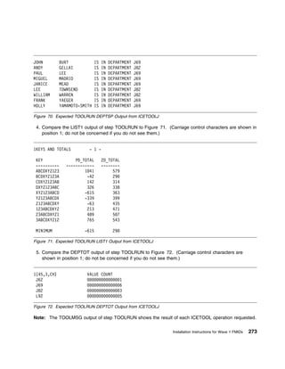 JOHN         BURT             IS   IN   DEPARTMENT   J69
ANDY         GELLAI           IS   IN   DEPARTMENT   J82
PAUL         LEE              IS   IN   DEPARTMENT   J69
MIGUEL       MADRID           IS   IN   DEPARTMENT   J69
JANICE       MEAD             IS   IN   DEPARTMENT   J69
LEE          TOWNSEND         IS   IN   DEPARTMENT   J82
WILLIAM      WARREN           IS   IN   DEPARTMENT   J82
FRANK        YAEGER           IS   IN   DEPARTMENT   J69
HOLLY        YAMAMOTO-SMITH   IS   IN   DEPARTMENT   J69

Figure 70. Expected TOOLRUN DEPTSP Output from ICETOOLJ

 4. Compare the LIST1 output of step TOOLRUN to Figure 71. (Carriage control characters are shown in
    position 1; do not be concerned if you do not see them.)


1KEYS AND TOTALS          - 1 -

 KEY                PD_TOTAL       ZD_TOTAL
 ----------     ------------       --------
 ABCDXYZ123             1 41            579
 BCDXYZ123A              -42            29
 CDXYZ123AB              142            314
 DXYZ123ABC              326            338
 XYZ123ABCD             -615            363
 YZ123ABCDX             -339            399
 Z123ABCDXY              -63            435
 123ABCDXYZ              213            471
 23ABCDXYZ1              489            5 7
 3ABCDXYZ12              765            543

 MINIMUM                -615              29

Figure 71. Expected TOOLRUN LIST1 Output from ICETOOLJ

 5. Compare the DEPTOT output of step TOOLRUN to Figure 72. (Carriage control characters are
    shown in position 1; do not be concerned if you do not see them.)


1(45,3,CH)               VALUE COUNT
 J62                                           1
 J69                                           6
 J82                                           3
 L92                                           5

Figure 72. Expected TOOLRUN DEPTOT Output from ICETOOLJ

Note: The TOOLMSG output of step TOOLRUN shows the result of each ICETOOL operation requested.


                                                              Installation Instructions for Wave 1 FMIDs   273
 