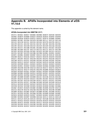 Appendix B. APARs Incorporated into Elements of z/OS
V1.13.0
This appendix is sorted by the element name.

APARs Incorporated into HBB7780 (BCP)
OA15711   OA25831   OA26617   OA26856   OA26986   OA28274   OA29184   OA29344
OA29962   OA3 79    OA3 89    OA3 224   OA3 438   OA3 476   OA3 493   OA3 494
OA3 5 9   OA3 558   OA3 678   OA3 723   OA3 761   OA3 779   OA3 885   OA3 9 1
OA3 946   OA31 1    OA31 56   OA31 78   OA31 98   OA31117   OA31134   OA31146
OA31225   OA3123    OA31251   OA31254   OA31264   OA31278   OA31294   OA31317
OA31329   OA31331   OA31352   OA31353   OA31367   OA31387   OA31446   OA31464
OA31492   OA31521   OA31528   OA31533   OA31534   OA31549   OA31556   OA31563
OA31564   OA31571   OA3158    OA316 1   OA316 5   OA31615   OA31627   OA31639
OA31682   OA31684   OA317 7   OA31719   OA31725   OA31731   OA31737   OA31786
OA31824   OA31835   OA31836   OA31863   OA31876   OA319 4   OA31913   OA31915
OA31933   OA31967   OA3197    OA31986   OA31998   OA32 1    OA32 51   OA32 57
OA32 71   OA32 81   OA32 92   OA32 97   OA32123   OA3213    OA32132   OA32169
OA322     OA32217   OA32226   OA32227   OA32233   OA32236   OA32255   OA32258
OA32271   OA323 7   OA32327   OA3233    OA32342   OA32343   OA32356   OA32374
OA3238    OA32413   OA32437   OA3246    OA32465   OA32469   OA32481   OA32492
OA325 3   OA32513   OA32527   OA32542   OA32565   OA3257    OA32581   OA32583
OA32595   OA32599   OA32611   OA32625   OA32632   OA32642   OA32643   OA32645
OA3265    OA32651   OA32652   OA32655   OA32658   OA32666   OA32668   OA32676
OA32699   OA327     OA327 9   OA3271    OA32718   OA32737   OA32743   OA32744
OA32745   OA32752   OA32774   OA32793   OA32796   OA328 6   OA3281    OA32814
OA3282    OA32829   OA32831   OA32832   OA32833   OA32843   OA32858   OA32865
OA32868   OA32883   OA32894   OA32914   OA3292    OA32921   OA32924   OA32947
OA3295    OA32955   OA32966   OA32979   OA3299    OA33 11   OA33 39   OA33 53
OA33 87   OA33 88   OA33 94   OA33 99   OA331 1   OA331 6   OA33126   OA33166
OA332 7   OA33234   OA33244   OA33272   OA333 5   OA333 7   OA33333   OA3334
OA33363   OA33367   OA33378   OA33399   OA33412   OA33413   OA33431   OA33448
OA33449   OA33454   OA33471   OA33486   OA335     OA335 4   OA335 9   OA3351
OA33516   OA3352    OA33522   OA33524   OA33529   OA33533   OA33535   OA33547
OA33548   OA33552   OA3356    OA33626   OA33628   OA33658   OA33662   OA33666
OA33667   OA33675   OA33678   OA33682   OA33686   OA33696   OA337 2   OA3371
OA33723   OA3373    OA33754   OA33768   OA3378    OA33782   OA33786   OA338 5
OA338 9   OA33814   OA33862   OA33879   OA33888   OA339 1   OA339 6   OA33911
OA33915   OA33959   OA33961   OA33968   OA33985   OA34      OA34 2    OA34 7
OA34 16   OA34 29   OA34 35   OA34 37   OA34 4    OA34 52   OA34 53   OA34 72
OA34 92   OA34 93   OA34 97   OA34 98   OA341 6   OA34115   OA34116   OA34118
OA34121   OA34124   OA34126   OA34145   OA34187   OA34188   OA3419    OA34191
OA34212   OA34223   OA34224   OA34226   OA34228   OA34229   OA34242   OA34249
OA3426    OA34275   OA34287   OA343 5   OA34312   OA3432    OA34322   OA34336
OA34348   OA34369   OA34374   OA3438    OA34386   OA34391   OA344 5   OA34419
OA3443    OA34436   OA34437   OA34439   OA3444    OA34495   OA345 1   OA345 4


© Copyright IBM Corp. 2001, 2011                                                331
 
