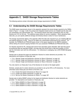 Appendix C. DASD Storage Requirements Tables
The following sections contain information about storage requirements for DASD.


C.1 Understanding the DASD Storage Requirements Tables
The DASD space requirements shown in this appendix represent the actual storage required by the FMIDs
listed in Figure 1 on page 3 after the product and integration-tested service are installed and the data sets
are compressed, plus approximately 15%. The directory blocks have been increased by 40% for load
libraries and 15% for the rest. The additional space allows for service installation. When allocating these
data sets, you can specify additional storage and directory blocks to allow for future maintenance.

The storage requirements tables in this appendix reflect the data sets required if you are installing all base
and optional elements of z/OS. They do not reflect any customization performed by the customer. For
example, the PARMLIB and PROCLIB space shown is the space required for the SMP/E installation
without taking into account copying members from your production PARMLIB and PROCLIB data sets.

For libraries required for IPL, libraries that cannot have secondary space allocated, data sets that cannot
be partitioned data set extended (PDSE), and data sets that should have a high-level qualifier of SYS1,
see the information sent with the z/OS product. For references to cataloging, see z/OS DFSMS Managing
Catalogs.

Sample jobs to allocate the target and distribution libraries for certain elements are provided. For
descriptions and locations of these jobs, see:
    7.2.2, “Allocate Target and Distribution Libraries for Wave 0 Elements” on page 62
    8.1.7, “Allocate Target and Distribution Libraries for Wave 1 Elements” on page 91
    9.1.2, “Allocate Target and Distribution Libraries for Wave 2 Elements” on page 297

You only need to run these jobs if any of the libraries do not exist on the target system.

Similarly, sample jobs for certain elements are provided to set up the HFS or zFS directories. For more
information about these jobs and where to find them, see:
    7.2.3, “Create File System Directories for Wave 0” on page 63
    8.1.8, “Create File System Directories” on page 96
    9.1.3, “Set Up File System Directories for Wave 2” on page 297

Sample jobs to define DDDEF entries for the target and distribution libraries for certain elements are
provided. For descriptions and locations of these jobs, see:
    7.2.4, “Define DDDEFs for Wave 0 Elements” on page 63
    8.1.9, “Define DDDEFs for Wave 1 Elements” on page 99
    9.1.4, “Define DDDEFs for Wave 2 Elements” on page 298



© Copyright IBM Corp. 2001, 2011                                                                          349
 