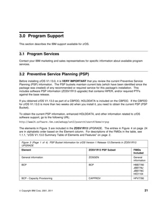 3.0 Program Support
This section describes the IBM support available for z/OS.


3.1 Program Services
Contact your IBM marketing and sales representatives for specific information about available program
services.


3.2 Preventive Service Planning (PSP)
Before installing z/OS V1.13.0, it is VERY IMPORTANT that you review the current Preventive Service
Planning (PSP) information. The PSP buckets maintain current lists (which have been identified since the
package was created) of any recommended or required service for this package's installation. This
includes software PSP information (ZOSV1R13 upgrade) that contains HIPER, and/or required PTFs
against the base release.

If you obtained z/OS V1.13.0 as part of a CBPDO, HOLDDATA is included on the CBPDO. If the CBPDO
for z/OS V1.13.0 is more than two weeks old when you install it, you need to obtain the current PSP (PSP
Bucket).

To obtain the current PSP information, enhanced HOLDDATA, and other information related to z/OS
software support, go to the following URL:
http://www14.software.ibm.com/webapp/set2/psearch/search?domain=psp

The elements in Figure 3 are included in the ZOSV1R13 UPGRADE. The entries in Figure 4 on page 24
are in alphabetic order based on the Element column. For descriptions of the FMIDs in the table, see
1.1.1, “z/OS V1.13.0 Summary Table of Elements and Features” on page 2.

  Figure 3 (Page 1 of 4). PSP Bucket Information for z/OS Version 1 Release 13 Elements in ZOSV1R13
  UPGRADE
  Element                                                 ZOSV1R13 PSP Subset                   FMIDs
                                                                                                Included
  General information                                     ZOSGEN                                General
                                                                                                information
  BCP                                                     BCP                                   HBB7780
                                                                                                JBB778J
                                                                                                JBB778C
                                                                                                HIO1104
  BCP - Capacity Provisioning                             CAPPROV                               HPV7780




© Copyright IBM Corp. 2001, 2011                                                                           21
 