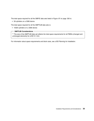 The total space required for all the SMP/E data sets listed in Figure 87 on page 350 is:
    59 cylinders on a 3390 device

The total space required for all the SMPTLIB data sets is:
    10325 cylinders on a 3390 device

     SMPTLIB Considerations
 ** The size of the SMPTLIB data set reflects the total space requirements for all FMIDs (changed and
 unchanged elements) for z/OS V1.13.0.


For information about space requirements and block sizes, see z/OS Planning for Installation.




                                                                 Installation Requirements and Considerations   35
 