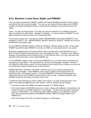 6.5.3 Elements in each Wave, Ripple, and FMIDSET
You must install the latest level of SMP/E, HLASM, and Program Management Binder in Wave 0 before
you install all the other waves and ripples. This way, you can make sure that the latest level of SMP/E,
HLASM, and Program Management Binder is used during the installation of the remaining waves and
ripples.

Figure 7 on page 43 through Figure 16 on page 49 contain the elements to be installed during each
wave and ripple of the z/OS Version 1 Release 13 installation. You should create an FMIDSET for each
ripple containing the elements listed in the corresponding table.

You will receive sample JCL in the data set member RIMLIB(FMIDSET) that creates FMIDSETs for the
installation of z/OS V1.13.0. FMIDSET(WAVE0, WAVE1A, WAVE1AL, WAVE1B,...WAVE2) are set up for
all elements for the specific ripple.

For the FMIDSETs (WAVE0, WAVE1A, WAVE1AL, WAVE1B,...WAVE2) created in Step 1 of the sample
FMIDSET job, edit the ripple FMIDSETs to remove any FMIDs you may already have on your system.

By default, language features and Communications Server Security Level 3 and z/OS Security Level 3
(both of which are optional unpriced features), are commented-out in Step 1. Therefore, if you ordered a
language, Communications Server Security Level 3, or z/OS Security Level 3, you must uncomment their
respective entries from Step 1 of the sample FMIDSET job.

For the FMIDSETs created in Step 2 of the sample FMIDSET job, you will also need to uncomment any
languages you have ordered. This ensures that any service for the languages is installed. Similarly, if
you ordered the z/OS Security Level 3 or Communications Server Security Level 3 features, you also must
uncomment those entries to install service for those features.

FMIDSET(ZR13W1A, ZR13W1AL, ZR13W1B,...ZR13W2) are set up to include all elements (new,
changed, and unchanged). These FMIDSETs will be used for applying and accepting service as
documented later in this program directory. Edit these FMIDSETs to uncomment the languages you
ordered and comment out the FMIDs for features that you did not order. Successful execution of the
FMIDSET sample job will produce a condition code of zero.

To determine which elements you need to install, refer to Figure 7 on page 43 through Figure 16 on
page 49 and check the Level column for the release in which an element was last changed.
     If the column begins with OS/390, that element changed in an OS/390 release.
     If the column begins with OS/390 but also has a version, release and modification in parentheses, that
     element changed in an OS/390 release but is non-exclusive. The level of the equivalent stand-alone
     product is in parenthesis. If you already have these FMIDs installed, you do not need to reinstall
     them; they should be removed from the FMIDSETs WAVE0, WAVE1A, through WAVE2 in the
     FMIDSET job.
     If the column begins with z/OS, that element changed in a z/OS release.




42    z/OS V1.13.0 Program Directory
 