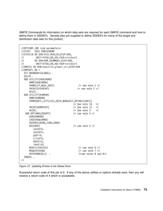 SMP/E Commands for information on which data sets are required for each SMP/E command and how to
define them in DDDEFs. Sample jobs are supplied to define DDDEFs for many of the target and
distribution data sets for this product.


 //OPTIONS JOB <job parameters>
 //STEP1 EXEC PGM=GIMSMP
 //STEPLIB DD DSN=SYS1.MIGLIB,DISP=SHR,
 //           UNIT=SYSALLDA,VOL=SER=v1r13vol1
 //          DD DSN=ASM.SASMMOD1,DISP=SHR,
 //           UNIT=SYSALLDA,VOL=SER=v1r13vol1
 //SMPCSI DD DSN=zosv1r13.global.csi,DISP=SHR
 //SMPCNTL DD ᑍ
    SET BOUNDARY(GLOBAL) .
    UCLIN .
    ADD UTILITY(HEWLH 96)
        NAME(HEWLH 96)
        PARM(LET,NCAL,XREF)                    /ᑍ see note 1 ᑍ/
        PRINT(SYSPRINT)                       /ᑍ see note 2 ᑍ/
        RC(4) .
    ADD UTILITY(ASMA9 )
        NAME(ASMA9 )
        PARM(GOFF,LIST(133),DECK,NOOBJECT,OPTABLE(UNI))
                                           /ᑍ See note 1    ᑍ/
        PRINT(ASMPRINT)                    /ᑍ See note 11   ᑍ/
        RC( ).                             /ᑍ See note 3    ᑍ/
     ADD OPTIONS(ZOSOPT)                   /ᑍ see note 4 ᑍ/
        ASM(ASMA9 )
        LKED(HEWLH 96)
        DSSPACE(62 ,15 ,26 )
        RECZGRP(                           /ᑍ see note 5 ᑍ/
           jes2dlb,
           jes3dlb,
           ppdlib,
           cicsdlb,
           db2dlib,
           imsdlib)
        MSGFILTER(YES)                         /ᑍ see note 6 ᑍ/
        MSGWIDTH(8 )                           /ᑍ see note 7 ᑍ/
        RETRYDDN(ALL) .                        /ᑍsee notes 8 and 9ᑍ/
    ENDUCL .
 /ᑍ

Figure 27. Updating Entries in the Global Zone

Successful return code of this job is 0. If any of the above utilities or options already exist, then you will
receive a return code of 4 which is acceptable.




                                                                       Installation Instructions for Wave 0 FMIDs   73
 