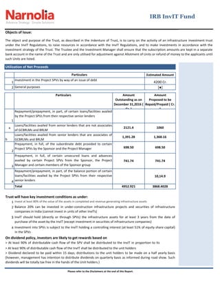 Objects of Issue:
1
2
1
a
b
2
3
4
Trust will have key investment conditions as under:
1
2
3
4
On dividend policy, investors are likely to get rewards based on
> At least 90% of distributable cash flow of the InvIT shall be distributed to the unit holders
IRB InvIT Fund
The object and purpose of the Trust, as described in the Indenture of Trust, is to carry on the activity of an infrastructure investment trust
under the InvIT Regulations, to raise resources in accordance with the InvIT Regulations, and to make investments in accordance with the
investment strategy of the Trust. The Trustee and the Investment Manager shall ensure that the subscription amounts are kept in a separate
bank account in the name of the Trust and are only utilised for adjustment against Allotment of Units or refund of money to the applicants until
such Units are listed.
4200 Cr.
> At least 90% of distributable cash flow of the SPV shall be distributed to the InvIT in proportion to its
holding in the SPV
> Dividend declared to be paid within 15 days; distributions to the unit holders to be made on a half yearly basis
(however, management has intention to distribute dividends on quarterly basis as informed during road show. Such
dividends will be totally tax free in the hands of the Unit holders.)
Estimated Amount
Utilization of Net Proceeds
*●+
Investment in the Project SPVs by way of an issue of debt
General purposes
Particulars
Amount
Proposed to be
Repaid/Prepaid ( Cr.
)
Particulars Amount
Outstanding as on
December 31,2016 (
Cr. )
Repayment/prepayment, in part, of certain loans/facilities availed
by the Project SPVs from their respective senior lenders
Loans/facilities availed from senior lenders that are not associates
of GCBRLMs and BRLM
2121.4 1060
Loans/facilities availed from senior lenders that are associates of
GCBRLMs and BRLM
1,391.28 1,368.16
Prepayment, in full, of the subordinate debt provided to certain
Project SPVs by the Sponsor and the Project Manager 698.50 698.50
Prepayment, in full, of certain unsecured loans and advances
availed by certain Project SPVs from the Sponsor, the Project
Manager and certain members of the Sponsor group
741.74 741.74
Repayment/prepayment, in part, of the balance portion of certain
loans/facilities availed by the Project SPVs from their respective
senior lenders
10,14.9
Total 4952.921 3868.4028
Please refer to the Disclaimers at the end of this Report.
Invest at least 80% of the value of the assets in completed and revenue generating infrastructure assets
Balance 20% can be invested in under-construction infrastructure projects and securities of infrastructure
companies in India (cannot invest in units of other InvITs)
InvIT should hold (directly or through SPVs) the infrastructure assets for at least 3 years from the date of
purchase of the asset by the InvIT (except investment in securities of infrastructure companies)
Investment into SPVs is subject to the InvIT holding a controlling interest (at least 51% of equity share capital)
in the SPVs
 