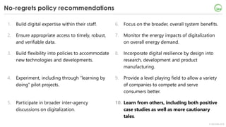 © OECD/IEA 2018
1. Build digital expertise within their staff.
2. Ensure appropriate access to timely, robust,
and verifiable data.
3. Build flexibility into policies to accommodate
new technologies and developments.
4. Experiment, including through “learning by
doing” pilot projects.
5. Participate in broader inter-agency
discussions on digitalization.
6. Focus on the broader, overall system benefits.
7. Monitor the energy impacts of digitalization
on overall energy demand.
8. Incorporate digital resilience by design into
research, development and product
manufacturing.
9. Provide a level playing field to allow a variety
of companies to compete and serve
consumers better.
10. Learn from others, including both positive
case studies as well as more cautionary tales.
1. Build digital expertise within their staff.
2. Ensure appropriate access to timely, robust,
and verifiable data.
3. Build flexibility into policies to accommodate
new technologies and developments.
4. Experiment, including through “learning by
doing” pilot projects.
5. Participate in broader inter-agency
discussions on digitalization.
6. Focus on the broader, overall system benefits.
7. Monitor the energy impacts of digitalization
on overall energy demand.
8. Incorporate digital resilience by design into
research, development and product
manufacturing.
9. Provide a level playing field to allow a variety
of companies to compete and serve
consumers better.
10. Learn from others, including both positive
case studies as well as more cautionary tales.
1. Build digital expertise within their staff.
2. Ensure appropriate access to timely, robust,
and verifiable data.
3. Build flexibility into policies to
accommodate new technologies and
developments.
4. Experiment, including through “learning
by doing” pilot projects.
5. Participate in broader inter-agency
discussions on digitalization.
6. Focus on the broader, overall system benefits.
7. Monitor the energy impacts of digitalization
on overall energy demand.
8. Incorporate digital resilience by design into
research, development and product
manufacturing.
9. Provide a level playing field to allow a variety
of companies to compete and serve
consumers better.
10. Learn from others, including both positive
case studies as well as more cautionary tales.
1. Build digital expertise within their staff.
2. Ensure appropriate access to timely, robust,
and verifiable data.
3. Build flexibility into policies to accommodate
new technologies and developments.
4. Experiment, including through “learning by
doing” pilot projects.
5. Participate in broader inter-agency
discussions on digitalization.
6. Focus on the broader, overall system benefits.
7. Monitor the energy impacts of
digitalization on overall energy demand.
8. Incorporate digital resilience by design into
research, development and product
manufacturing.
9. Provide a level playing field to allow a variety
of companies to compete and serve
consumers better.
10. Learn from others, including both positive
case studies as well as more cautionary tales.
1. Build digital expertise within their staff.
2. Ensure appropriate access to timely, robust,
and verifiable data.
3. Build flexibility into policies to accommodate
new technologies and developments.
4. Experiment, including through “learning by
doing” pilot projects.
5. Participate in broader inter-agency
discussions on digitalization.
6. Focus on the broader, overall system benefits.
7. Monitor the energy impacts of digitalization
on overall energy demand.
8. Incorporate digital resilience by design
into research, development and product
manufacturing.
9. Provide a level playing field to allow a variety
of companies to compete and serve
consumers better.
10. Learn from others, including both positive
case studies as well as more cautionary tales.
1. Build digital expertise within their staff.
2. Ensure appropriate access to timely, robust,
and verifiable data.
3. Build flexibility into policies to accommodate
new technologies and developments.
4. Experiment, including through “learning by
doing” pilot projects.
5. Participate in broader inter-agency
discussions on digitalization.
6. Focus on the broader, overall system benefits.
7. Monitor the energy impacts of digitalization
on overall energy demand.
8. Incorporate digital resilience by design into
research, development and product
manufacturing.
9. Provide a level playing field to allow a variety
of companies to compete and serve
consumers better.
10. Learn from others, including both positive
case studies as well as more cautionary
tales.
No-regrets policy recommendations
 