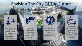 
No lives will be
lost of hunger
due to
advancement in
Food Technology
Predictive
Analytics will
help us stop
crime even
before it can
occur
Increase in
Electrical Car and
consumption of
Renewable
Energy will led to
reduction in air
pollution
Entire City to be
Connected over
Internet. Smart
City will play an
active role in
making lives
more efficient
 