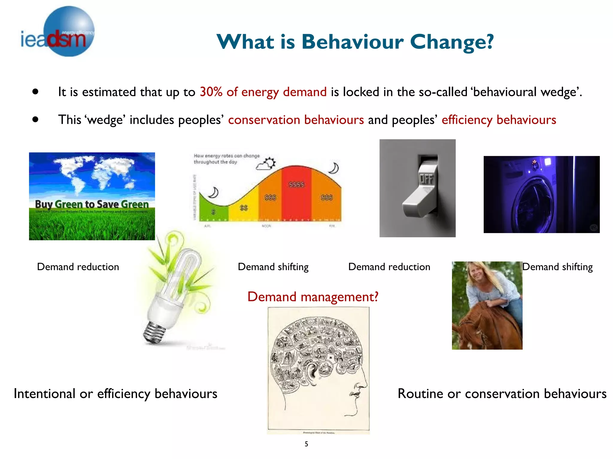 What is Behaviour Change?

   •    It is estimated that up to 30% of energy demand is locked in the so-called ‘behavioural wedge’.

   •    This ‘wedge’ includes peoples’ conservation behaviours and peoples’ efficiency behaviours




    Demand reduction                    Demand shifting     Demand reduction                Demand shifting

                                          Demand management?




Intentional or efficiency behaviours                                 Routine or conservation behaviours


                                                      5
 
