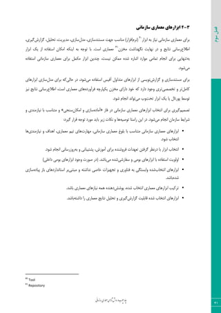 ‫روش‬‫و‬‫وب‬‫چ‬‫ار‬‫چ‬‫ی‬‫ن‬‫ا‬‫م‬‫ز‬‫ا‬‫س‬‫اری‬‫م‬‫ع‬‫م‬‫ی‬‫س‬‫ا‬‫ن‬‫ش‬
41
‫سوم‬‫فصل‬
3-4‫ساسهاًی‬ ‫هعواری‬ ‫اتشارّای‬
‫اثضاس‬ ٝ‫ث‬ ‫٘یبص‬ ‫ػبصٔب٘ی‬ ‫ٔؼٕبسی‬ ‫ثشای‬40
(ْ‫٘ش‬‫ٔٙبػت‬ )‫افضاس‬َ‫ٔذ‬ ،‫ٔؼتٙذػبصی‬ ‫خٟت‬‫ٌضاسؽ‬ ،ُ‫تحّی‬ ،‫ٔذیشیت‬ ،‫ػبصی‬،‫ٌیشی‬
‫اًالع‬ٚ ‫٘تبیح‬ ‫سػب٘ی‬‫ٟ٘بیت‬ ‫دس‬ٖ‫ٔخض‬ ‫ٍٟ٘ذاؿت‬41
‫ثب‬ .‫اػت‬ ‫ٔؼٕبسی‬‫اثضاس‬ ‫یه‬ ‫اص‬ ٜ‫اػتفبد‬ ٖ‫أىب‬ ٝ‫ایٙى‬ ٝ‫ث‬ ٝ‫تٛخ‬
ٝ‫ث‬‫ٔٛاسد‬ ‫تٕبٔی‬ ْ‫ا٘دب‬ ‫ثشای‬ ‫تٟٙبیی‬ٜ‫اؿبس‬ٜ‫ؿذ‬ٗ‫ٕٔى‬ٜ‫اػتفبد‬ ‫ػبصٔب٘ی‬ ‫ٔؼٕبسی‬ ‫ثشای‬ ُٕ‫ٔى‬ ‫اثضاس‬ ٗ‫چٙذی‬ ،‫٘یؼت‬
‫ٔی‬.‫ؿٛد‬
‫ٌضاسؽ‬ ٚ ‫ٔؼتٙذػبصی‬ ‫ثشای‬‫ٔی‬ ٜ‫اػتفبد‬ ‫آفیغ‬ َٚ‫ٔتذا‬ ‫اثضاسٞبی‬ ‫اص‬ ‫٘ٛیؼی‬‫حبِی‬ ‫دس‬ ،‫ؿٛد‬َ‫ٔذ‬ ‫ثشای‬ ٝ‫و‬‫اثضاسٞبی‬ ‫ػبصی‬
ُٔ‫وب‬‫تخللی‬ ٚ ‫تش‬ٝ‫یىپبسچ‬ ٖ‫ٔخض‬ ‫داسای‬ ‫خٛد‬ ٝ‫و‬ ‫داسد‬ ‫ٚخٛد‬ ‫تشی‬ٜ‫فشآٚسد‬‫اًالع‬ ،‫اػت‬ ‫ٔؼٕبسی‬ ‫ٞبی‬‫٘یض‬ ‫٘تبیح‬ ‫سػب٘ی‬
‫تحت‬ ‫اثضاس‬ ‫یه‬ ‫یب‬ َ‫پٛستب‬ ‫تٛػي‬‫ٔی‬ ‫ٚة‬.‫ؿٛد‬ ْ‫ا٘دب‬ ‫تٛا٘ذ‬
ٓ‫تلٕی‬‫فبص‬ ‫دس‬ ‫ػبصٔب٘ی‬ ‫ٔؼٕبسی‬ ‫اثضاسٞبی‬ ‫ا٘تخبة‬ ‫ثشای‬ ‫ٌیشی‬«ٜ‫آٔبد‬ٖ‫أىب‬ ٚ ‫ػبصی‬‫ػٙدی‬»ٚ ‫٘یبصٔٙذی‬ ‫ثب‬ ‫ٔتٙبػت‬ ٚ
‫ٔی‬ ْ‫ا٘دب‬ ٖ‫ػبصٔب‬ ‫ؿشایي‬ٝ‫تٛكی‬ ‫ساػتب‬ ٗ‫ای‬ ‫دس‬ .‫ؿٛد‬‫ثبیذ‬ ‫صیش‬ ‫٘ىبت‬ ٚ ‫ٞب‬ٝ‫تٛخ‬ ‫ٔٛسد‬:‫ٌیشد‬ ‫لشاس‬
‫ثب‬ ‫ٔتٙبػت‬ ‫ػبصٔب٘ی‬ ‫ٔؼٕبسی‬ ‫اثضاسٞبی‬‫ثّٛؽ‬،‫ػبصٔب٘ی‬ ‫ٔؼٕبسی‬‫ٟٔبست‬‫ت‬ ‫ٞبی‬‫٘یبصٔٙذی‬ ٚ ‫اٞذاف‬ ،‫ٔؼٕبسی‬ ٓ‫ی‬‫ٞب‬
.‫ؿٛد‬ ‫ا٘تخبة‬
‫اثضاس‬ ‫ا٘تخبة‬‫ث‬ ٚ ‫پـتیجب٘ی‬ ،‫آٔٛصؽ‬ ‫ثشای‬ ٜ‫فشٚؿٙذ‬ ‫تؼٟذات‬ ٗ‫ٌشفت‬ ‫دس٘ظش‬ ‫ثب‬ٝ.‫ؿٛد‬ ْ‫ا٘دب‬ ‫سٚصسػب٘ی‬
ٜ‫اػتفبد‬ ‫اِٚٛیت‬‫ثب‬‫ػفبسؿی‬ ٚ ‫ثٛٔی‬ ‫اثضاسٞبی‬ٜ‫ؿذ‬‫ٔی‬‫ثبؿذ‬.()‫داخّی‬ ‫ثٛٔی‬ ‫اثضاسٞبی‬ ‫ٚخٛد‬ ‫كٛست‬ ‫دس‬
‫ا٘تخبة‬ ‫اثضاسٞبی‬ٚ‫فٙب‬ ٝ‫ث‬ ‫ٚاثؼتٍی‬ ٜ‫ؿذ‬‫خبكی‬ ‫تدٟیضات‬ ٚ ‫سی‬ٝ‫٘ذاؿت‬‫ٔجتٙی‬ ٜٚ‫پیبد‬ ‫ثبص‬ ‫اػتب٘ذاسدٞبی‬ ‫ثش‬‫ػبصی‬
ٜ‫ؿذ‬.‫ثبؿذ‬
‫پٛؿؾ‬ ،ٜ‫ؿذ‬ ‫ا٘تخبة‬ ‫ٔؼٕبسی‬ ‫اثضاسٞبی‬ ‫تشویت‬.‫ثبؿذ‬ ‫ٔؼٕبسی‬ ‫٘یبصٞبی‬ ٕٝٞ ٜ‫دٞٙذ‬
‫ٌضاسؽ‬ ‫لبثّیت‬ ٜ‫ؿذ‬ ‫ا٘تخبة‬ ‫اثضاسٞبی‬‫سا‬ ‫ٔؼٕبسی‬ ‫٘تبیح‬ ُ‫تحّی‬ ٚ ‫ٌیشی‬ٝ‫داؿت‬.‫ثبؿذ‬
40
Tool
41
Repository
 