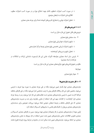 ‫روش‬‫و‬‫وب‬‫چ‬‫ار‬‫چ‬‫ی‬‫ن‬‫ا‬‫م‬‫ز‬‫ا‬‫س‬‫اری‬‫م‬‫ع‬‫م‬‫ی‬‫س‬‫ا‬‫ن‬‫ش‬
73
‫چهارم‬‫فصل‬
o‫خٟت‬ ْ‫الذا‬ ‫٘بٌّٔٛة‬ ‫أتیبصات‬ ‫وؼت‬ ‫كٛست‬ ‫دس‬‫ٌّٔٛة‬ ‫أتیبصات‬ ‫وؼت‬ ‫كٛست‬ ‫دس‬ ٚ ‫ٔٛاسد‬ ‫اكالح‬
‫اًالع‬‫ٔٛهٛع‬ ٖ‫ریٙفؼب‬ ٝ‫ث‬ ‫أتیبصات‬ ‫سػب٘ی‬
o‫اػتخشاج‬ ٚ ‫ٟ٘بیی‬ ‫أتیبصات‬ ُ‫تحّی‬«‫دسع‬ٜ‫ؿذ‬ ٝ‫آٔٛخت‬ ‫ٞبی‬»‫ٔؼٕبسی‬ ‫ثؼذی‬ ٝ‫چشخ‬ ‫ثشای‬
4-9-4‫خزٍجی‬‫فاس‬ ‫ّای‬
‫خشٚخی‬ُ‫لبث‬ ‫ٞبی‬ُ‫تحٛی‬:‫اػت‬ ‫صیش‬ ‫لشاس‬ ٝ‫ث‬ ‫فبص‬ ٗ‫ای‬
‫ٔؼٕبسی‬ ‫ثّٛؽ‬ ‫ػٙدؾ‬ ‫ػٙذ‬
o‫خٛد‬ ‫أتیبصات‬ ٚ ‫٘تبیح‬‫ٔؼٕبسی‬ ‫ثّٛؽ‬ ‫اسصیبثی‬
o‫اسصیبثی‬ ‫أتیبصات‬ ٚ ‫٘تبیح‬‫تخل‬‫ل‬‫ی‬‫اػتجبسػٙدی‬ ‫ٔشاوض‬ ‫تٛػي‬ ‫ٔؼٕبسی‬ ‫ثّٛؽ‬
o‫دسع‬ ٚ ‫٘تبیح‬ ُ‫تحّی‬‫ٞبی‬ٝ‫آٔٛخت‬ٜ‫ؿذ‬
‫ٔؼٕبسی‬ ‫اػٙبد‬ ‫ػبیش‬ ‫ثبصثیٙی‬ٝ‫ث‬ٌٝ‫ٚاػ‬‫تأثیش‬‫فبص‬ ٗ‫ای‬ ‫خب٘جی‬ ‫ات‬(‫ؿٙبػبیی‬ ‫دسكٛست‬‫ایشادات‬‫دس‬ ‫اؿىبالت‬ ٚ
)‫ٔؼٕبسی‬ ‫اػٙبد‬ ‫اص‬ ْ‫ٞشوذا‬
‫ثش‬ ٜٚ‫ػال‬ُ‫تحٛی‬‫داد٘ی‬،‫فٛق‬ ‫ٞبی‬ٜ‫فشآٚسد‬:‫اػت‬ ‫صیش‬ ‫لشاس‬ ٝ‫ث‬ ‫فبص‬ ٗ‫ای‬ ‫ٔؼٕبسی‬ ‫ٞبی‬
‫ٕ٘ٛداس‬:‫ٞب‬
‫ٔؼٕبسی‬ ‫ثّٛؽ‬ ‫ٕ٘ٛداس‬
4-11‫ًیاسهٌذی‬ ‫هذیزیت‬ ‫فاس‬‫ّا‬
‫٘یبصٔٙذی‬‫ٔؼٕبسی‬ ‫ٞبی‬‫تٟٙب‬‫یه‬‫ٕ٘ی‬ ٗ‫تؼیی‬ ‫ثبس‬‫ثبصثیٙی‬ ‫یب‬ ‫تؼشیف‬ ‫پٛیب‬ ‫كٛست‬ ٝ‫ث‬ ‫ٔؼٕبسی‬ ٝ‫چشخ‬ ‫ًی‬ ‫دس‬ ٝ‫ثّى‬ ‫ؿٛ٘ذ‬
‫ٔی‬‫ؿٛ٘ذ‬ٝ‫ث‬ .،ُ‫دِی‬ ٗ‫ٕٞی‬‫ٕ٘ی‬ ‫اخشا‬ ‫ٔـخلی‬ ‫تشتیت‬ ‫ثب‬ ‫پیؾ‬ ‫فبصٞبی‬ ‫ثشخالف‬ ‫فبص‬ ٗ‫ای‬‫ٔختّف‬ ‫فبصٞبی‬ ‫ًی‬ ‫دس‬ ٝ‫ثّى‬ ،‫ؿٛد‬
‫٘یبصٔٙذی‬ ‫ثبصثیٙی‬ ‫یب‬ ٗ‫تؼیی‬ ٝ‫ث‬ ْ‫الص‬ ‫ٞشودب‬‫فؼبِیت‬ ،‫اػت‬ ‫ٔؼٕبسی‬ ‫ٞبی‬ٗ‫ای‬ ‫ٞبی‬‫ٔی‬ ‫اخشا‬ ‫فبص‬ٚ ‫ؿٛد‬‫٘یض‬ٝ‫چشخ‬ ‫ٚػي‬ ‫دس‬
‫لشاس‬ ‫ٔؼٕبسی‬ٝ‫ٌشفت‬.‫اػت‬ٟٓٔ ‫الذأبت‬ ‫اص‬‫فبص‬ ٗ‫ای‬،ٝ‫یىپبسچ‬ ٖ‫ٔخض‬ ‫اص‬ ٜ‫اػتفبد‬‫٘یبصٔٙذی‬ ‫ٔذیشیت‬ ٚ ‫ثجت‬ ‫ثشای‬‫ٞبی‬
‫ٔی‬ ‫ایدبد‬ ‫ٔتٙٛػی‬ ٖ‫ریٙفؼب‬ ‫تٛػي‬ ٚ ‫ٔختّف‬ ‫فبصٞبی‬ ‫ًی‬ ٝ‫و‬ ‫ٔؼٕبسی‬‫ؿٛد‬‫ٔی‬ ،‫ثبؿذ‬ٓٞ ،‫ٔؼتٙذػبصی‬ ‫ثشای‬ ٗ‫چٙی‬
‫٘یبصٔٙذی‬‫ٔی‬ ‫ٔؼٕبسی‬ ‫ٞبی‬‫تىٙیه‬ ‫اص‬ ٖ‫تٛا‬‫وؼت‬ ‫ػٙبسیٛٞبی‬ ‫یب‬ ‫لیبػی‬ ‫ٞبی‬ٜ‫اػتفبد‬ ‫ٚوبس‬‫وشد‬.
‫٘یبصٔٙذی‬ ‫اص‬ ٕٝ٘ٛ٘ ٗ‫اِٚی‬ٓ‫چـ‬ ‫فبص‬ ‫دس‬ ‫ٔؼٕبسی‬ ‫ٞبی‬‫ا‬‫ٔی‬ ٝ‫تٟی‬ ‫ٔؼٕبسی‬ ‫٘ذاص‬‫وؼت‬ ‫ٔؼٕبسی‬ ‫فبصٞبی‬ ‫دس‬ ‫ػپغ‬ ،‫ؿٛد‬ٚ ‫ٚوبس‬
،‫اًالػبت‬ ‫فٙبٚسی‬ ‫ٔؼٕبسی‬‫تٕبٔی‬‫٘یبصٔٙذی‬‫ٞبی‬،ٜ‫ؿذ‬ ٗ‫تؼیی‬‫٘یبصٔٙذی‬ ٖ‫ٔخض‬ ٝ‫ث‬ ًٝٛ‫ٔشث‬ ‫فبص‬ ‫دس‬ ٜ‫اػتفبد‬ ٕٗ‫ه‬‫ٞبی‬
‫ٔی‬ ٝ‫اهبف‬ ‫٘یض‬ ‫ٔؼٕبسی‬‫٘یبصٔٙذی‬ .‫ؿٛ٘ذ‬‫ٞبی‬ٗ‫تؼیی‬ٜ‫پشٚط‬ ‫ؿشایي‬ ٚ ٜ‫ٔحذٚد‬ ‫دس‬ ‫اػت‬ ٗ‫ٕٔى‬ ٜ‫ؿذ‬(‫٘جبؿٙذ‬ )‫فؼّی‬ ٝ‫چشخ‬
 