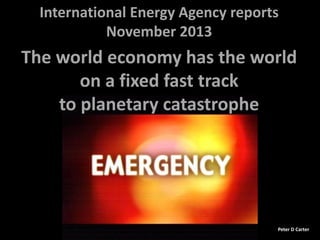 International Energy Agency reports
November 2013

The world economy has the world
on a fixed fast track
to planetary catastrophe

Peter D Carter

 