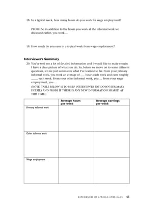 18. In a typical week, how many hours do you work for wage employment?
PROBE: So in addition to the hours you work at the informal work we
discussed earlier, you work….
19. How much do you earn in a typical week from wage employment?
Interviewer’s Summary
20. You’ve told me a lot of detailed information and I would like to make certain
I have a clear picture of what you do. So, before we move on to some different
questions, let me just summarize what I’ve learned so far. From your primary
informal work, you work an average of ___ hours each week and earn roughly
_____ each week. From your other informal work, you … From your wage
employment, you …
(NOTE: TABLE BELOW IS TO HELP INTERVIEWER JOT DOWN SUMMARY
DETAILS AND PROBE IF THERE IS ANY NEW INFORMATION SHARED AT
THIS TIME.)
Average hours Average earnings
per week per week
Primary informal work
Other informal work
Wage employment
E X P E R I E N C E S O F A F R I C A N A M E R I C A N S 65
 