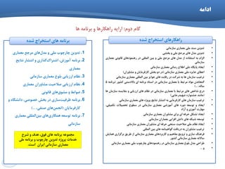 12
ِ‫اداه‬
•ٗ‫تذٚی‬‫ػٙذ‬‫ّٔي‬‫ٔؼٕبسي‬‫ػبصٔب٘ي‬
•ٗ‫تذٚی‬َ‫ٔذ‬‫ٞبي‬‫ٔشخغ‬‫ّٔي‬ٚ‫ثخـي‬
•ْ‫اِضا‬ٝ‫ث‬ٜ‫اػتفبد‬‫اص‬َ‫ٔذ‬‫ٞبي‬‫ٔشخغ‬‫ّٔي‬ٚٗ‫ثی‬‫إِّّي‬‫دس‬‫سٕٞٙٛدٞبي‬‫لب٘ٛ٘ي‬‫ٔؼٕبسي‬
‫ػبصٔب٘ي‬
•‫ایدبد‬ٜ‫پبیٍب‬‫ّٔي‬‫اًالع‬‫سػب٘ي‬‫ٔؼٕبسي‬‫ػبصٔب٘ي‬
•‫اػٌبي‬ٜ‫خبیض‬‫ّٔي‬‫ٔؼٕبسي‬‫ػبصٔب٘ي‬$‫دس‬ٚ‫د‬‫ثخؾ‬ٖ‫وبسفشٔبیب‬ٖٚ‫ٔـبٚسا‬#
•‫تشغیت‬ٖ‫ػبصٔب‬‫ٞب‬ٝ‫ث‬‫ؿشوت‬‫دس‬‫سلبثت‬‫ٞبي‬‫خٛایض‬ٗ‫ثی‬‫إِّّي‬‫ٔؼٕبسي‬‫ػبصٔب٘ي‬
•ٖ‫ٌٙدب٘ذ‬‫ٔٛاد‬‫ٔشتجي‬‫ثب‬‫ٔؼٕبسي‬‫ػبصٔب٘ي‬‫دس‬‫اػٙبد‬ٝٔ‫ثش٘ب‬‫اي‬‫ثبالدػتي‬‫وـٛس‬$ٝٔ‫ثش٘ب‬5
،ِٝ‫ػب‬...#
•‫دسج‬‫ؿبخق‬‫ٞبي‬‫ٔشتجي‬‫ثب‬‫ٔؼٕبسي‬‫ػبصٔب٘ي‬‫دس‬ْ‫٘ظب‬‫ٞبي‬‫اسصیبثي‬ٚٝ‫ٔمبیؼ‬ٖ‫ػبصٔب‬‫ٞب‬
$‫ٔب٘ٙذ‬ٜ‫خـٙٛاس‬‫ؿٟیذسخبیي‬#
•‫تشغیت‬ٖ‫ػبصٔب‬‫ٞبي‬‫وبسفشٔبیي‬ٝ‫ث‬‫ا٘تـبس‬‫٘تبیح‬ٜ‫پشٚط‬‫ٞبي‬‫ٔؼٕبسي‬‫ػبصٔب٘ي‬
•‫ایدبد‬ٚٝ‫تٛػؼ‬ٜ‫دٚس‬‫ٞبي‬‫آٔٛصؿي‬‫ٔؼٕبسي‬‫ػبصٔب٘ي‬‫دس‬‫ػٌٛح‬‫تحلیالت‬،‫تىٕیّي‬
‫ٟٔبست‬‫آٔٛصي‬ٚ‫آصاد‬
•‫ایدبد‬ُ‫تـى‬ٝ‫حشف‬‫اي‬‫ثشاي‬ٖ‫ٔـبٚسا‬‫ٔؼٕبسي‬‫ػبصٔب٘ي‬
•ٝ‫تٛػؼ‬ٝ‫ؿجى‬‫ٞبي‬‫دا٘ؾ‬‫افضایي‬ٖ‫ٔؼٕبسا‬‫ػبصٔب٘ي‬
•‫ایدبد‬ْ‫٘ظب‬‫ّٔي‬‫كالحیت‬‫ػٙدي‬ٝ‫حشف‬‫اي‬ٖ‫ٔـبٚسا‬‫ٔؼٕبسي‬‫ػبصٔب٘ي‬
•‫تشغیت‬ٖ‫ٔـبٚسا‬ٝ‫ث‬‫دسیبفت‬ٝٔ‫ٌٛاٞیٙب‬‫ٞبي‬ٗ‫ثی‬‫إِّّي‬
•ًٙٞ‫فش‬‫ػبصي‬ٚ‫تشٚیح‬ٓ‫ٔفبٞی‬ٚ‫وبسثشدٞبي‬‫ٔؼٕبسي‬‫ػبصٔب٘ي‬‫اص‬‫ًشیك‬‫ثشٌضاسي‬‫ٕٞبیؾ‬
ٝ٘‫ػبال‬‫ٔؼٕبسي‬‫ػبصٔب٘ي‬‫وـٛس‬
•‫ًشاحي‬َ‫ٔذ‬‫ثّٛؽ‬‫ٔؼٕبسي‬‫ػبصٔب٘ي‬‫دس‬‫سٕٞٙٛدٞبي‬‫چبسچٛة‬‫ّٔي‬‫ٔؼٕبسي‬‫ػبصٔب٘ي‬
•ٚ...
‫دٍم‬ ‫گام‬:‫ّا‬ ِ‫تشًاه‬ ٍ ‫ساّىاسّا‬ ِ‫اسای‬
ُ‫ؿذ‬ ‫اػتخشاج‬ ‫ساّىاسّای‬
.1‫ٔؼٕبسي‬ ‫ٔشخغ‬ ‫ٞبي‬َ‫ٔذ‬ ٚ ‫ّٔي‬ ‫چبسچٛة‬ ٗ‫تذٚی‬
.2‫٘تبیح‬ ‫ا٘تـبس‬ ٚ ‫ٌزاسي‬‫اؿتشان‬ ،‫آٔٛصؽ‬ ٝٔ‫ثش٘ب‬
‫ٔؼٕبسي‬
.3‫ػبصٔب٘ي‬ ‫ٔؼٕبسي‬ ‫ثّٛؽ‬ ‫اسصیبثي‬ ْ‫٘ظب‬
.4‫ٔؼٕبسي‬ ٖ‫ٔـبٚسا‬ ‫كالحیت‬ ‫اسصیبثي‬ ْ‫٘ظب‬
.5‫لب٘ٛ٘ي‬ ‫ٞبي‬‫ٔـٛق‬ ٚ ‫هٛاثي‬
.6ٚ ٜ‫دا٘ـٍب‬ ،‫خلٛكي‬ ‫ثخؾ‬ ‫دس‬ ‫ػبصي‬‫ظشفیت‬ ٝٔ‫ثش٘ب‬
ٖ‫وبسفشٔبیب‬$،‫كٙفي‬ ‫ٞبي‬ٕٗ‫ا٘د‬#...
.7‫ٔؼٕبسي‬ ‫إِّّي‬ٗ‫ثی‬ ‫ٞبي‬‫ٕٞىبسي‬ ٝ‫تٛػؼ‬ ٝٔ‫ثش٘ب‬
‫ػبصٔب٘ي‬
ُ‫ؿذ‬ ‫اػتخشاج‬ ‫ّای‬ ِ‫تشًاه‬
‫ؿشح‬ ٍ ‫ّذف‬ ،‫فَق‬ ‫ّای‬ ِ‫تشًاه‬ ِ‫هدوَػ‬
‫هلی‬ ِ‫تشًاه‬ ٍ ‫چاسچَب‬ ‫تذٍیي‬ ُ‫پشٍط‬ ‫خذهات‬
‫اػت‬ ‫ایشاى‬ ‫ػاصهاًی‬ ‫هؼواسی‬.
 