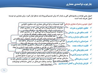 24
‫هعواری‬ ‫تَاًوٌذی‬ ‫چارچَب‬
‫ٌیشد‬ ‫لشاس‬ ‫ٔذ٘ظش‬ ‫ثبیذ‬ ‫ٞب‬‫ٌیشي‬ٓ‫تلٕی‬ ‫ثشاي‬ ٝ‫و‬ ‫پبیذاس‬ ٚ ‫وّي‬ ‫سٕٞٙٛدٞبي‬ ٚ ‫لٛاػذ‬ ‫یؼٙي‬ َٛ‫اك‬.ٝ‫دٚػت‬ ٚ‫د‬ ‫ٔؼٕبسي‬ ‫ثشاي‬
‫اػت‬ ٜ‫ؿذ‬ ‫تؼشیف‬ َٛ‫اك‬:
‫ظازهاًی‬ ‫هعواری‬ ‫هؽترک‬ ٍ ‫عوَهی‬ ‫اصَل‬
‫تٌبثك‬‫ٔمشسات‬ ٚ ٗ‫لٛا٘ی‬ ‫ثب‬
ْ‫تمذ‬‫ػبصٔب٘ي‬ ‫ثش‬ ‫ّٔي‬ ‫ٔٙبفغ‬
ْ‫تمذ‬‫ٚاحذ‬ ‫ثش‬ ٖ‫ػبصٔب‬ ‫ٔٙبفغ‬
‫ٕٞشاػتبیي‬ٖ‫ػبصٔب‬ ‫ساٞجشدي‬ ٝٔ‫ثش٘ب‬ ‫ثب‬
‫لبثّیت‬‫ٔدذد‬ ٜ‫اػتفبد‬
ْ‫تمذ‬‫ٔٛسدي‬ ‫اتلبالت‬ ‫ثش‬ ‫راتي‬ ‫یىپبسچٍي‬
ٓ‫پبسادای‬‫ٌشایي‬‫ػشٚیغ‬
‫أٙیت‬‫ٔحشٔبٍ٘ي‬ ٚ
‫افضایؾ‬‫پزیشي‬‫اػیت‬ ‫وبٞؾ‬ ٚ ‫ثبصداس٘ذٌي‬
ٗ‫لٛا٘ی‬ ‫ثب‬ ‫ٌٔٙجك‬ ‫ثبیذ‬ ‫ٔؼٕبسي‬ ‫ٞبي‬‫ًشاحي‬ ٚ ‫تلٕیٕبت‬ ٝ‫وّی‬
‫ثبؿذ‬ ‫وـٛس‬ ‫ٔمشسات‬ ْٚ‫ا٘دب‬ ‫ٔؼٕبسي‬ ‫دس‬ ٝ‫و‬ ‫ٞبیي‬‫ًشاحي‬ ٚ ‫ٞب‬‫ٌیشي‬ٓ‫تلٕی‬ ٝ‫ٔدٕٛػ‬
‫ثش‬ ‫دِٚت‬ ‫اٞذاف‬ ٚ ‫ّٔي‬ ‫ٔٙبفغ‬ ْ‫تمذ‬ ‫اػبع‬ ‫ثش‬ ‫ثبیذ‬ ‫ؿٛد‬‫ٔي‬
‫ثبؿذ‬ ٖ‫ػبصٔب‬ ‫اٞذاف‬ ٚ ‫ٔٙبفغ‬
ْ‫ا٘دب‬ ‫ٔؼٕبسي‬ ‫دس‬ ٝ‫و‬ ‫ٞبیي‬‫ًشاحي‬ ٚ ‫ٞب‬‫ٌیشي‬ٓ‫تلٕی‬ ٝ‫ٔدٕٛػ‬
‫ثش‬ ٖ‫ػبصٔب‬ُ‫و‬ ‫اٞذاف‬ ٚ ‫ٔٙبفغ‬ ْ‫تمذ‬ ‫اػبع‬ ‫ثش‬ ‫ثبیذ‬ ،‫ؿٛد‬‫ٔي‬
‫ثبؿذ‬ ٜ‫حٛص‬ ‫یب‬ ‫ٚاحذ‬ ‫یه‬ ‫اٞذاف‬ ٚ ‫ٔٙبفغ‬‫ثبیذ‬ ‫ػبصٔب٘ي‬ ‫ٔؼٕبسي‬ ‫ٞبي‬‫خشٚخي‬ ٚ ‫ٞب‬‫فؼبِیت‬ ٕٝٞ
‫ثبالدػتي‬ ‫ػٙذ‬ ٖ‫ػٙٛا‬ٝ‫ث‬ ٖ‫ػبصٔب‬ ‫ساٞجشدي‬ ٝٔ‫ثش٘ب‬ ‫ثب‬ ‫ساػتب‬ٓٞ
‫ؿٛد‬ ٗ‫تذٚی‬ ،‫ٔؼٕبسي‬ ‫اكّي‬ ‫ٚسٚدي‬ ٚ ‫ػبصٔب٘ي‬‫ثبیذ‬ ‫فبٚا‬ ‫یب‬ ‫ٚوبس‬‫وؼت‬ ‫دس‬ ‫ٔؼٕبسي‬ ‫ٞبي‬ٝ‫ٔؤِف‬ ‫ػبصي‬ٜ‫پیبد‬ ٚ ‫ًشاحي‬
‫ٔدذد‬ ٜ‫اػتفبد‬ ‫لبثّیت‬ ‫ثش‬ ‫ٔجتٙي‬$،‫وبسثشدٞب‬ ،‫ٞب‬ٜ‫حٛص‬ ‫ػبیش‬ ‫ثشاي‬
ٖ‫ٔخبًجب‬#‫ؿٛد‬ ‫پشٞیض‬ ‫ٔذت‬ٜ‫وٛتب‬ ٚ ‫ٔمٌؼي‬ ٜ‫ٍ٘ب‬ ‫اص‬ ٚ ‫ؿٛد‬ ْ‫ا٘دب‬
‫كٛست‬ٝ‫ث‬ ‫ثبیذ‬ ‫اًالػبت‬ ‫فٙبٚسي‬ ‫یب‬ ‫ٚوبس‬‫وؼت‬ ‫دس‬ ‫یىپبسچٍي‬
‫ایدبد‬ ٝ‫ث‬ ‫٘یبصي‬ ‫تب‬ ‫ؿٛد‬ ‫سػبیت‬ ‫ٔؼٕبسي‬ ٚ ‫ًشاحي‬ ‫دس‬ ‫راتي‬
‫٘جبؿذ‬ ٝ‫غیشیىپبسچ‬ ‫ٞبي‬ٝ‫ٔؤِف‬ ٗ‫ثی‬ ‫ٔٛسدي‬ ‫اتلبالت‬‫تؼشیف‬ ‫ثش‬ ‫ٔجتٙي‬ ٝ‫و‬ ‫اٍِٛیي‬ ٖ‫ػٙٛا‬ ٝ‫ث‬ ‫ٌشایي‬‫ػشٚیغ‬‫ٞبي‬ٝ‫ٔؤِف‬
$‫ػشٚیغ‬#‫پزیش‬‫ا٘ؼٌبف‬ ٚ ‫ٔحٛس‬‫ٔـتشي‬ ،‫ٔدذد‬ ٜ‫اػتفبد‬ُ‫لبث‬ ‫اػتب٘ذاسد‬
‫ٌیشد‬ ‫لشاس‬ ٝ‫تٛخ‬ ‫ٔٛسد‬ ‫ثبیذ‬ ‫ٔؼٕبسي‬ ‫ٞبي‬ٝٙٔ‫دا‬ ٕٝٞ ‫دس‬ ،‫اػت‬
ٝ‫تٛخ‬ ٚ ‫أٙیتي‬ ‫اػتب٘ذاسدٞبي‬ ٚ ‫ٞب‬‫ػیبػت‬ ‫سػبیت‬ ‫ثب‬ ‫ثبیذ‬ ‫ػبصٔب٘ي‬ ‫ٔؼٕبسي‬
‫ٔؼٕبسي‬ ‫٘تبیح‬ ‫كٛست‬ ٗ‫ای‬ ‫دس‬ ،‫ؿٛد‬ ْ‫ا٘دب‬ ‫دػتشػي‬ ‫ػٌٛح‬ ٚ ‫ٔحشٔبٍ٘ي‬ ٝ‫ث‬
‫ٔؼٕبسي‬ ‫ٞبي‬ٝٙٔ‫دا‬ ٕٝٞ ‫دس‬ ‫أٙیت‬ ‫تمٛیت‬ ‫ٔٛخت‬ ‫ػبصٔب٘ي‬$،‫ٚوبس‬‫وؼت‬
‫فٙبٚسي‬ ‫صیشػبخت‬ ،‫وبسثشدي‬ ‫افضاسٞبي‬ْ‫٘ش‬ ،ٜ‫داد‬ ٚ ‫اًالػبت‬#‫ؿٛد‬‫ٔي‬.
ٝ‫ث‬ ‫ثبیذ‬ ‫ػبصٔب٘ي‬ ‫ٔؼٕبسي‬ ‫دس‬ ،‫وـٛس‬ ‫خبف‬ ‫ؿشایي‬ ٝ‫ث‬ ٝ‫ثبتٛخ‬
‫ٔٛهٛػبت‬ ٚ ‫ٞب‬ٝٙٔ‫دا‬ ‫تٕبٔي‬ ‫دس‬ ُٔ‫غیشػب‬ ‫پذافٙذ‬ ‫ٔجبحث‬
‫ؿٛد‬ ٜ‫ٚیظ‬ ٝ‫تٛخ‬
 