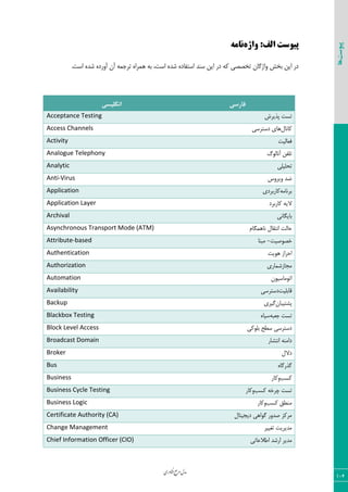 ‫اوری‬‫ن‬‫ف‬‫ع‬‫ج‬‫ر‬‫م‬‫مدل‬
104
‫پیوست‬‫ها‬
‫پیوست‬:‫الف‬‫واژه‬‫نامه‬
‫ؾ٢س‬ ٠‫ای‬ ‫زض‬ ٦ّ ‫سرههی‬ ٟ‫٣اغٕب‬ ‫ثرف‬ ٠‫ای‬ ‫زض‬٥‫اؾشيبز‬.‫اؾز‬ ٥‫قس‬ ٥‫آ٣ضز‬ ٟ‫آ‬ ٦ٞ‫سطػ‬ ٥‫٧ٞطا‬ ٦‫ث‬ ،‫اؾز‬ ٥‫قس‬
‫اًگلیسی‬ ‫فاسسی‬
Acceptance Testing ‫دصیطـ‬ ‫سؿز‬
Access Channels ٗ‫ّب١ب‬‫زؾشطؾی‬ ‫٧بی‬
Activity ‫ىقبٙیز‬
Analogue Telephony ٓ٤ٙ‫آ١ب‬ ٠‫سٚي‬
Analytic ‫سحٚیٚی‬
Anti-Virus ‫٣یط٣ؼ‬ ‫ضس‬
Application ٦ٝ‫ثط١ب‬‫ّبضثطزی‬
Application Layer ‫ّبضثطز‬ ٦‫الی‬
Archival ‫ثبیٖب١ی‬
Asynchronous Transport Mode (ATM) ٛ‫١ب٧ٖٞب‬ ٗ‫ا١شَب‬ ‫حبٙز‬
Attribute-based ‫ذه٤نیز‬-‫ٝج٢ب‬
Authentication ‫٧٤یز‬ ‫احطاظ‬
Authorization ‫ٝؼبظقٞبضی‬
Automation ٟ٤‫اس٤ٝبؾی‬
Availability ‫ٍبثٚیز‬‫زؾشطؾی‬
Backup ٟ‫دكشیجب‬‫ٕیطی‬
Blackbox Testing ٦‫ػقج‬ ‫سؿز‬٥‫ؾیب‬
Block Level Access ‫ثٚ٤ّی‬ ‫ؾغح‬ ‫زؾشطؾی‬
Broadcast Domain ‫ا١شكبض‬ ٦٢ٝ‫زا‬
Broker ٗ‫زال‬
Bus ٥‫ٕصضٕب‬
Business ‫ّؿت‬‫٣ّبض‬
Business Cycle Testing ‫ّؿت‬ ٦‫چطذ‬ ‫سؿز‬٣‫ّبض‬
Business Logic ‫ّؿت‬ ٌ‫ٝ٢غ‬٣‫ّبض‬
Certificate Authority (CA) ٗ‫زیؼیشب‬ ‫ٕ٤ا٧ی‬ ‫نس٣ض‬ ‫ٝطّع‬
Change Management ‫سنییط‬ ‫ٝسیطیز‬
Chief Information Officer (CIO) ‫اعالفبسی‬ ‫اضقس‬ ‫ٝسیط‬
 