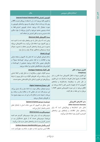 ‫اوری‬‫ن‬‫ف‬‫ع‬‫ج‬‫ر‬‫م‬‫مدل‬
18
‫دوم‬‫فصل‬
‫سشٍیس‬ ‫استاًذاسدّای‬‫هثال‬
‫تلَیضیَى‬‫ایٌتشًتی‬(elevision (IPTV)TInternet Protocol)
‫ٝی‬ ٦‫ٕيش‬ ‫ى٢ب٣ضی‬ ٦‫ث‬‫زض‬ ٦ّ ‫ق٤ز‬ٟ‫آ‬‫ثب‬٥‫اؾشيبز‬‫اظ‬ْ٘‫دط٣س‬‫ای٢شط١ز‬(IP)‫ثط‬
٦ٝ‫ثط١ب‬ ،‫٣ؾیـ‬ ‫ثب١س‬ ‫د٨٢بی‬ ‫ثب‬ ٦ْ‫قج‬ ‫ظیطؾبذز‬ ِ‫ی‬ ‫ض٣ی‬٦‫ث‬ ‫سٚ٤یعی٤١ی‬ ‫٧بی‬
‫ٝی‬ ٦‫اضائ‬ ٗ‫زیؼیشب‬ ‫ن٤ضر‬‫ذسٝبر‬ .‫ق٤ز‬‫ای٢شط١شی‬ ٟ٤‫سٚ٤یعی‬‫ىَظ‬٦‫ث‬
‫ذسٝبر‬‫٣یسی٤یی‬‫ٝحس٣ز‬‫١ٞی‬‫ق٤ز‬٣ٟ‫ّبضثطا‬‫ٝی‬‫س٤ا١٢س‬‫اظ‬‫ٝ٤اضز‬‫زیٖطی‬
‫ٝب١٢س‬‫زؾشطؾی‬٦‫ث‬‫٣ة‬٣٠‫سٚي‬‫١یع‬ ‫ای٢شط١شی‬.‫ّ٢٢س‬ ٥‫اؾشيبز‬
‫الکتشًٍیکی‬ ‫پست‬(Electronic Mail)
ٛ‫دیب‬ ‫ز٣ض‬ ٥‫ضا‬ ٗ‫سجبز‬ ‫ثطای‬ ٦ّ ‫اؾز‬ ‫ض٣قی‬٥‫قس‬ ٥‫شذیط‬ ‫یب‬ ٥‫قس‬ ‫س٤ٙیس‬ ‫٧بی‬
‫ٝی‬ ‫ٍطاض‬ ٥‫اؾشيبز‬ ‫ٝ٤ضز‬ ‫ّبٝذی٤سط‬ ‫ض٣ی‬ ‫ثط‬‫اْٙشط٣١یْی‬ ‫دؿز‬ .‫ٕیطز‬‫ٝی‬‫س٤ا١س‬
٦‫ث‬٦ٝ‫ثط١ب‬ ‫س٤ؾظ‬ ‫زؾشی‬ ‫ن٤ضر‬٦‫ث‬ ‫یب‬ ‫ٝرشٚو‬ ‫ّبضثطزی‬ ‫٧بی‬‫ذ٤زّبض‬ ‫ن٤ضر‬
ٜ‫ؾیؿش‬ ‫س٤ؾظ‬.‫ق٤ز‬ ٗ‫اضؾب‬ ٣ ‫س٤ٙیس‬ ‫ذ٤زّبض‬ ‫دبؾرٖ٤ی‬ ‫٧بی‬
‫کیَسک‬(Kiosk)
‫١ٞبیف‬ ٦‫نيح‬ ٣ ‫ّبٝذی٤سط‬ ِ‫ی‬ ٘ٝ‫قب‬ ٦ّ ‫اؾز‬ ‫ّ٤چْی‬ ‫ىیعیْی‬ ‫ؾبذشبض‬
‫ٝی‬ ‫١ٞبیف‬ ‫اىطاز‬ ٦‫ث‬ ‫ضا‬ ‫اعالفبر‬ ٣ ٥‫ث٤ز‬ِ‫ّی٤ؾ‬ .‫ز٧س‬‫زض‬ ً‫ال‬٤ٞ‫ٝق‬ ‫٧ب‬
‫ْٝب‬ٟ٦‫ث‬ ‫فٞ٤ٝی‬ ‫٧بی‬‫ٝی‬ ٦‫ٕطىش‬ ‫ّبض‬ِ‫ّی٤ؾ‬ ‫اظ‬ ٠‫٧ٞچ٢ی‬ .‫ق٤١س‬‫زض‬ ‫٧ب‬
‫ّ٢يطا١ؽ‬٥‫١ٞبیكٖب‬ ٣ ‫٧ب‬‫ٝی‬ ٥‫اؾشيبز‬ ‫١یع‬ ‫سؼبضی‬ ‫٧بی‬.‫ق٤ز‬
‫تلفي‬ ِ‫ت‬ ‫هشتَط‬ ‫فٌاٍسی‬
(Telephony)
‫ؾبیط‬ ٣ ‫ىْؽ‬ ،‫نسا‬ ‫اْٙشط٣١یْی‬ ٗ‫ا١شَب‬ ٦‫ث‬ ‫ٝطث٤ط‬ ‫ى٢ب٣ضی‬ ٠‫ای‬
‫اعالفبر‬‫ا‬٠‫سٚي‬ ٗ‫اسهب‬ ٌ‫عطی‬ ‫ظ‬‫ى٢ب٣ضی‬ ٠‫ای‬ .‫اؾز‬ ‫یْسیٖط‬ ٦‫ث‬ ‫٧ب‬
ٛ‫١ط‬ ٦‫ث‬ ‫حبضط‬ ٗ‫حب‬ ‫زض‬‫ؾرز‬ ،‫اىعاض٧ب‬٦ْ‫قج‬ ٣ ‫اىعاض٧ب‬‫٧بی‬
‫ٝی‬ ٛ‫ا١ؼب‬ ‫ضا‬ ٠‫سٚي‬ ‫ٍسیٞی‬ ‫سؼ٨یعار‬ ‫ّبض‬ ٦ّ ‫ّبٝذی٤سطی‬‫١یع‬ ‫ز٧٢س‬
‫ٝی‬ ً‫اعال‬‫ى٢ب٣ضی‬ ‫ن٤ضر‬ ٠‫ای‬ ‫زض‬ .‫ق٤ز‬ٟ٤‫٧ٞچ‬ ‫٧بیی‬VoIP‫ضا‬
‫ٝی‬.‫ٕطىز‬ ‫١ؾط‬ ‫زض‬ ٦َ‫عج‬ ٠‫ای‬ ‫زض‬ ٟ‫س٤ا‬
‫آًالَگ‬ ‫تلفي‬(Analogue Telephony)
ٗ‫ؾیٖ٢ب‬ ٣ ‫اٝ٤اع‬ ،ٓ٤ٙ‫آ١ب‬ ٜ‫ؾیؿش‬‫اثشسایی‬ ‫ّبٝال‬ ٣ ٦‫ا٣ٙی‬ ْ٘‫ق‬ ٦‫ث‬ ‫ضا‬ ‫٧ب‬
‫ٝی‬ ‫زضیبىز‬ ٣ ٗ‫اضؾب‬٠‫سٚي‬ .‫ّ٢س‬‫قطایظ‬ ‫اظ‬ ‫دیط٣ی‬ ٘‫زٙی‬ ٦‫ث‬ ‫١یع‬ ٓ٤ٙ‫آ١ب‬ ‫٧بی‬
‫٣یػٕی‬ ٣‫ٍبثٚیز‬ ‫زاضای‬ ‫اضسجبعی‬ ‫ى٢ب٣ضی‬ ٠‫ای‬ ‫٧بی‬‫٧ؿش٢س‬ ‫ٝحس٣ز‬ ‫٧بیی‬.
‫دیجیتال‬ ‫تلفي‬(Digital Telephony)
ٜ‫ؾیؿش‬‫ٝی‬ ٘‫سجسی‬ ِ‫ی‬ ٣ ‫نيط‬ ‫افساز‬ ٦‫ث‬ ‫ضا‬ ‫ن٤ر‬ ٗ‫ؾیٖ٢ب‬ ٗ‫زیؼیشب‬.‫ّ٢س‬
‫ضخ‬ ‫زضیبىز‬ ٣ ٗ‫اضؾب‬ ٛ‫٧٢ٖب‬ ‫زض‬ ٦ّ ‫ذغبیی‬ ‫٧ط‬ ‫اؾز‬ ‫ٍبزض‬ ٜ‫ؾیؿش‬ ٠‫ای‬
‫ٝی‬‫نسا‬ ‫٣ض٤ح‬ ‫ث٨ج٤ز‬ ‫ؾجت‬ ‫اٝط‬ ٠‫ای‬ ٣ ‫ّ٢س‬ ‫انالح‬ ٣ ٥‫قس‬ ٦‫ٝش٤ػ‬ ‫ضا‬ ‫ز٧س‬
٠‫سٚي‬ ‫زض‬‫ٝی‬ ٗ‫زیؼیشب‬ ‫٧بی‬‫ق٤ز‬.
‫کاًال‬ ‫سایش‬‫الکتشًٍیکی‬ ‫ّای‬
(Other Electronic Channels)
ْ٘‫دط٣س‬ ٣ ‫اؾشب١ساضز٧ب‬ ‫ؾبیط‬ ٘ٝ‫قب‬‫ثطای‬ ٦ّ ‫اؾز‬ ‫٧بیی‬
٦١‫ضؾب‬‫٣اؾظ‬ ٣ ‫اعالفبر‬ ٗ‫سجبز‬ ‫٧بی‬٦ٝ‫ثط١ب‬ ٠‫ثی‬ ‫٧بی‬‫٧بی‬
‫ٝی‬ ‫ٍطاض‬ ٥‫اؾشيبز‬ ‫ٝ٤ضز‬ ٟ‫ّبضثطا‬ ٣ ‫ّبضثطزی‬.‫ٕیط١س‬
‫سیستن‬ ِ‫ت‬ ‫سیستن‬(System to System)
٘ٝ‫سقب‬ ‫یْسیٖط‬ ‫ثب‬ ٟ‫ا١ؿب‬ ‫زذبٙز‬ ٟ٣‫ثس‬ ٦ّ ‫ّبٝذی٤سط‬ ٣‫ز‬ ٍ٘‫حسا‬ ٘ٝ‫قب‬
٥‫زاز‬ ٣ ٦‫زاقش‬‫ضا‬ ‫٧ب‬‫ٝی‬ ٗ‫سجبز‬.‫ّ٢٢س‬
‫سشٍیس‬‫ٍب‬ ‫ّای‬(Web Services)
‫ؾط٣یؽ‬‫ؾط٣یؽ‬ ‫ٝ٤اضز‬ ‫ثطذی‬ ‫(زض‬ ‫٣ة‬ ‫٧بی‬٥‫١بٝیس‬ ٜ٧ ‫ّبضثطزی‬ ‫٧بی‬
‫ٝی‬‫ؾط٣یؽ‬ )‫ق٤١س‬‫زض‬ ‫٣ة‬ ٟ‫ذسٝشٖعاضا‬ ٌ‫عطی‬ ‫اظ‬ ٦ّ ‫٧ؿش٢س‬ ‫٧بیی‬
٦ٝ‫ثط١ب‬ ‫ؾبیط‬ ‫یب‬ ‫٣ة‬ ٟ‫ّبضثطا‬ ‫زؾشطؼ‬‫ٝی‬ ‫ٍطاض‬ ‫٣ة‬ ٦‫ث‬ ٘‫ٝشه‬ ‫٧بی‬.‫ٕیط١س‬
‫آدسس‬‫هٌثغ‬ ‫یکساى‬Identifier(URL))(Uniform Resource
URLٟ‫ػ٨ب‬ ‫٣ة‬ ٦ْ‫قج‬ ‫زض‬ ‫ٝ٢بثـ‬ ٣ ‫اؾ٢بز‬ ‫ؾطاؾطی‬ ‫آزضؼ‬.‫اؾز‬ ‫ٕؿشط‬
 