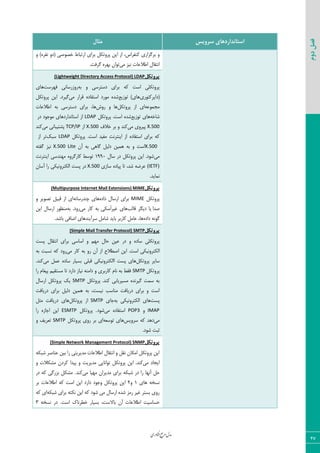 ‫اوری‬‫ن‬‫ف‬‫ع‬‫ج‬‫ر‬‫م‬‫مدل‬
27
‫دوم‬‫فصل‬
‫سشٍیس‬ ‫استاًذاسدّای‬‫هثال‬
‫دط٣س‬ ٠‫ای‬ ‫اظ‬ ،‫ّ٢يطاؼ‬ ‫ثطٕعاضی‬ ٣٣ )٥‫١يط‬ ٣‫(ز‬ ‫ذه٤نی‬ ‫اضسجبط‬ ‫ثطای‬ ْ٘
‫ٝی‬ ‫١یع‬ ‫اعالفبر‬ ٗ‫ا١شَب‬.‫ٕطىز‬ ٥‫ث٨ط‬ ٟ‫س٤ا‬
‫پشٍتکل‬(Lightweight Directory Access Protocol) LDAP
٦‫ث‬ ٣ ‫زؾشطؾی‬ ‫ثطای‬ ٦ّ ‫اؾز‬ ‫دط٣سْٚی‬‫ى٨طؾز‬ ‫ض٣ظضؾب١ی‬‫٧بی‬
‫(زایطّش٤ضی‬‫س٤ظیـ‬ )‫٧بی‬٥‫قس‬‫ٝی‬ ‫ٍطاض‬ ٥‫اؾشيبز‬ ‫ٝ٤ضز‬ْ٘‫دط٣س‬ ٠‫ای‬ .‫ٕیطز‬
٦‫ٝؼٞ٤ف‬‫اظ‬ ‫ای‬ْ٘‫دط٣س‬‫٧ب‬‫ض٣ـ‬ ٣‫اعالفبر‬ ٦‫ث‬ ‫زؾشطؾی‬ ‫ثطای‬ ،‫٧ب‬
٦‫قبذ‬‫س٤ظیـ‬ ‫٧بی‬ْ٘‫دط٣س‬ .‫اؾز‬ ٥‫قس‬LDAP‫زض‬ ‫ٝ٤ػ٤ز‬ ‫اؾشب١ساضز٧بی‬ ‫اظ‬
X.500‫ٝی‬ ‫دیط٣ی‬‫ذاله‬ ‫ثط‬ ٣ ‫ّ٢س‬X.500‫اظ‬TCP/IP‫ٝی‬ ‫دكشیجب١ی‬‫ّ٢س‬
ْ٘‫دط٣س‬ .‫اؾز‬ ‫ٝيیس‬ ‫ای٢شط١ز‬ ‫اظ‬ ٥‫اؾشيبز‬ ‫ثطای‬ ٦ّLDAPِ‫ؾج‬‫اظ‬ ‫سط‬
X.500٦‫ث‬ ‫ٕب٧ی‬ ٘‫زٙی‬ ٠‫٧ٞی‬ ٦‫ث‬ ٣ ‫اؾز‬ٟ‫آ‬X.500 Lite٦‫ٕيش‬ ‫١یع‬
‫ٝی‬ٗ‫ؾب‬ ‫زض‬ ْ٘‫دط٣س‬ ٠‫ای‬ .‫ق٤ز‬1990‫س٤ؾظ‬‫ای٢شط١ز‬ ‫ٝ٨٢سؾی‬ ٥٣‫ّبضٕط‬
(IETF)‫ؾبظی‬ ٥‫دیبز‬ ‫سب‬ ،‫قس‬ ٦‫فطض‬X.500ٟ‫آؾب‬ ‫ضا‬ ‫اْٙشط٣١یْی‬ ‫دؿز‬ ‫زض‬
.‫١ٞبیس‬
‫پشٍتکل‬(Multipurpose Internet Mail Extensions) MIME
ْ٘‫دط٣س‬MIME٥‫زاز‬ ٗ‫اضؾب‬ ‫ثطای‬٦١‫چ٢سضؾب‬ ‫٧بی‬٣ ‫سه٤یط‬ ٘‫ٍجی‬ ‫اظ‬ ‫ای‬
‫نسا‬‫ٍبٙت‬ ‫زیٖط‬ ‫یب‬‫ٝی‬ ‫ّبض‬ ٦‫ث‬ ‫َؾْی‬‫ا‬‫میط‬ ‫٧بی‬٦‫ث‬ .‫ض٣ز‬٠‫ای‬ ٗ‫اضؾب‬ ‫ٝ٢ؾ٤ض‬
٥‫زاز‬ ٦١٤ٕ.‫ثبقس‬ ‫اضبىی‬ ‫ؾطآی٢س٧بی‬ ٘ٝ‫قب‬ ‫ثبیس‬ ‫ّبضثط‬ ٘ٝ‫فب‬ ،‫٧ب‬
‫پشٍتکل‬(Simple Mail Transfer Protocol) SMTP
‫ثطا‬ ‫اؾبؾی‬ ٣ ٜ٨ٝ ٗ‫حب‬ ٠‫فی‬ ‫زض‬ ٣ ٥‫ؾبز‬ ‫دط٣سْٚی‬ٗ‫ا١شَب‬ ‫ی‬‫دؿز‬
‫اْٙشط٣١یْی‬‫ٝی‬ ‫ّبض‬ ٦‫ث‬ ٣‫ض‬ ٟ‫آ‬ ‫اظ‬ ‫انغالح‬ ٠‫ای‬ .‫اؾز‬٦‫ث‬ ‫١ؿجز‬ ٦ّ ‫ض٣ز‬
ْ٘‫دط٣س‬ ‫ؾبیط‬‫ٝی‬ ٘ٞ‫ف‬ ٥‫ؾبز‬ ‫ثؿیبض‬ ‫ٍجٚی‬ ‫ااْٙشط٣١یْی‬ ‫دؿز‬ ‫٧بی‬.‫ّ٢س‬
ْ٘‫دط٣س‬SMTP‫ضا‬ ٛ‫دینب‬ ٜ‫ٝؿشَی‬ ‫سب‬ ‫زاضز‬ ‫١یبظ‬ ٦٢ٝ‫زا‬ ٣ ‫ّبضثطی‬ ٛ‫١ب‬ ٦‫ث‬ ‫ىَظ‬
.‫ّ٢س‬ ‫ٝؿیطیبثی‬ ٥‫ٕیط١س‬ ‫ؾٞز‬ ٦‫ث‬ْ٘‫دط٣س‬SMTPٗ‫اضؾب‬ ْ٘‫دط٣س‬ ِ‫ی‬
‫زضیبىز‬ ‫ثطای‬ ٘‫زٙی‬ ٠‫٧ٞی‬ ٦‫ث‬ ،‫١یؿز‬ ‫ٝ٢بؾت‬ ‫زضیبىز‬ ‫ثطای‬ ٣ ‫اؾز‬
‫دؿز‬٦‫ث‬ ‫اْٙشط٣١یْی‬ ‫٧بی‬‫ػبی‬SMTPْ٘‫دط٣س‬ ‫اظ‬٘‫ٝظ‬ ‫زضیبىز‬ ‫٧بی‬
IMAP٣POP3‫ٝی‬ ٥‫اؾشيبز‬‫ق٤ز‬.ْ٘‫دط٣س‬ESMTP‫ضا‬ ٥‫اػبظ‬ ٠‫ای‬
‫ٝی‬‫ؾط٣یؽ‬ ٦ّ ‫ز٧س‬٦‫س٤ؾق‬ ‫٧بی‬ْ٘‫دط٣س‬ ‫ض٣ی‬ ‫ثط‬ ‫ای‬SMTP٣ ‫سقطیو‬
.‫ق٤ز‬ ‫طجز‬
‫پشٍتکل‬Management Protocol) SNMP(Simple Network
٦ْ‫قج‬ ‫ف٢بنط‬ ٠‫ثی‬ ‫ضا‬ ‫ٝسیطیشی‬ ‫اعالفبر‬ ٗ‫ا١شَب‬ ٣ َ٘١ ٟ‫اْٝب‬ ْ٘‫دط٣س‬ ٠‫ای‬
‫ٝی‬ ‫ایؼبز‬.‫ّ٢س‬٣ ‫ٝكْالر‬ ٟ‫ّطز‬ ‫دیسا‬ ٣ ‫ٝسیطیز‬ ‫س٤ا١بیی‬ ْ٘‫دط٣س‬ ٠‫ای‬
‫ٝی‬ ‫ٝ٨یب‬ ٟ‫ٝسیطا‬ ‫ثطای‬ ٦ْ‫قج‬ ‫زض‬ ‫ضا‬ ‫آ١٨ب‬ ٘‫ح‬‫ّ٢س‬.‫زض‬ ٦ّ ‫ثعضٕی‬ ْ٘‫ٝك‬
‫٧بی‬ ٦‫١ؿر‬1٣2‫اؾز‬ ٠‫ای‬ ‫زاضز‬ ‫٣ػ٤ز‬ ْ٘‫دط٣س‬ ٠‫ای‬‫ثط‬ ‫اعالفبر‬ ٦ّ
٦ْ‫قج‬ ‫ثطای‬ ٦‫١ْش‬ ٠‫ای‬ ٦ّ ‫ق٤ز‬ ‫ٝی‬ ٗ‫اضؾب‬ ٥‫قس‬ ‫ضٝع‬ ‫میط‬ ‫ثؿشط‬ ‫ض٣ی‬٦ّ ‫ای‬
‫اؾز‬ ُ‫ذغط١ب‬ ‫ثؿیبض‬ ،‫ثبالؾز‬ ٟ‫آ‬ ‫اعالفبر‬ ‫حؿبؾیز‬.٦‫١ؿر‬ ‫زض‬3
 