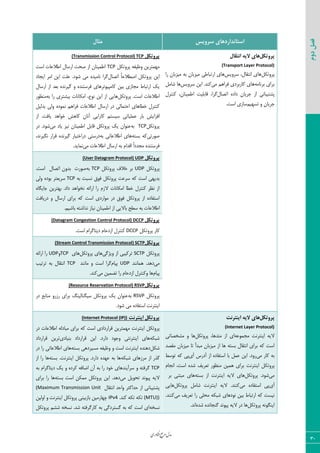 ‫اوری‬‫ن‬‫ف‬‫ع‬‫ج‬‫ر‬‫م‬‫مدل‬
30
‫دوم‬‫فصل‬
‫سشٍیس‬ ‫استاًذاسدّای‬‫هثال‬
‫پشٍتکل‬‫اًتقال‬ ِ‫الی‬ ‫ّای‬
(Transport Layer Protocol)
ْ٘‫دط٣س‬‫ؾط٣یؽ‬ ،ٗ‫ا١شَب‬ ‫٧بی‬٦‫ث‬ ٟ‫ٝیعثب‬ ‫اضسجبعی‬ ‫٧بی‬‫ضا‬ ٟ‫ٝیعثب‬
٦ٝ‫ثط١ب‬ ‫ثطای‬‫ٝی‬ ٜ٧‫ىطا‬ ‫ّبضثطزی‬ ‫٧بی‬‫ؾط٣یؽ‬ ٠‫ای‬ .‫ّ٢س‬ٝ‫قب‬ ‫٧ب‬٘
‫اظ‬ ‫دكشیجب١ی‬٥‫زاز‬ ٟ‫ػطیب‬ٗ‫اسهب‬‫ٕطا‬،ٟ‫اعٞی٢ب‬ ‫ٍبثٚیز‬،ٗ‫ّ٢شط‬
ٟ‫ػطیب‬ٜ‫سؿ٨ی‬ ٣.‫اؾز‬ ‫ؾبظی‬
‫پشٍتکل‬(Transmission Control Protocol) TCP
ْ٘‫دط٣س‬ ٦‫٣ؽیي‬ ٠‫ٝ٨ٞشطی‬TCP‫اؾز‬ ‫اعالفبر‬ ٗ‫اضؾب‬ ‫نحز‬ ‫اظ‬ ٟ‫اعٞی٢ب‬
‫دط٣س‬ ٠‫ای‬ٗ‫اسهب‬ ً‫ب‬‫انغالح‬ ْ٘‫ایؼبز‬ ‫اٝط‬ ٠‫ای‬ ‫فٚز‬ .‫ق٤ز‬ ‫ٝی‬ ٥‫١بٝیس‬ ‫ٕطا‬
ٗ‫اضؾب‬ ‫اظ‬ ‫ثقس‬ ٥‫ٕیط١س‬ ٣ ٥‫ىطؾش٢س‬ ‫ّبٝذی٤سط٧بی‬ ٠‫ثی‬ ‫ٝؼبظی‬ ‫اضسجبط‬ ِ‫ی‬
ْ٘‫دط٣س‬ .‫اؾز‬ ‫اعالفبر‬٦‫ث‬ ‫ضا‬ ‫ثیكشطی‬ ‫اْٝب١بر‬ ،‫١٤ؿ‬ ٠‫ای‬ ‫اظ‬ ‫٧بیی‬‫ٝ٢ؾ٤ض‬
٘‫ثسٙی‬ ‫٣ٙی‬ ٥‫١ٞ٤ز‬ ٜ٧‫ىطا‬ ‫اعالفبر‬ ٗ‫اضؾب‬ ‫زض‬ ‫احشٞبٙی‬ ‫ذغب٧بی‬ ٗ‫ّ٢شط‬
‫فٞٚی‬ ‫ثبض‬ ‫اىعایف‬‫اظ‬ .‫یبىز‬ ‫ذ٤ا٧س‬ ‫ّب٧ف‬ ٟ‫آ١ب‬ ‫ّبضایی‬ ٜ‫ؾیؿش‬ ‫بسی‬
ْ٘‫دط٣س‬TCP٦‫ث‬‫ٝی‬ ‫یبز‬ ‫١یع‬ ٟ‫اعٞی٢ب‬ ٘‫ٍبث‬ ْ٘‫دط٣س‬ ِ‫ی‬ ٟ‫ف٢٤ا‬‫زض‬ .‫ق٤ز‬
‫ن٤ضسی‬٦‫ثؿش‬ ٦ّ٦‫ث‬ ‫اعالفبسی‬ ‫٧بی‬،‫١ٖیط١س‬ ‫ٍطاض‬ ٥‫ٕیط١س‬ ‫زضاذشیبض‬ ‫زضؾشی‬
‫ٝی‬ ‫اعالفبر‬ ٗ‫اضؾب‬ ٦‫ث‬ ٛ‫اٍسا‬ ً‫ا‬‫ٝؼسز‬ ٥‫ىطؾش٢س‬.‫١ٞبیس‬
‫پشٍتکل‬(User Datagram Protocol) UDP
ْ٘‫دط٣س‬UDPْ٘‫دط٣س‬ ‫ذاله‬ ‫ثط‬TCP٦‫ث‬‫ن٤ضر‬.‫اؾز‬ ٗ‫اسهب‬ ٟ٣‫ثس‬
٦‫ث‬ ‫١ؿجز‬ ً٤‫ى‬ ْ٘‫دط٣س‬ ‫ؾطفز‬ ٦ّ ‫اؾز‬ ‫ثسی٨ی‬TCP‫٣ٙی‬ ٥‫ث٤ز‬ ‫ؾطیقشط‬
٥‫ػبیٖب‬ ٠‫ث٨شطی‬ .‫زاز‬ ‫١ر٤ا٧س‬ ٦‫اضائ‬ ‫ضا‬ ٛ‫الظ‬ ‫اْٝب١بر‬ ‫ذغب‬ ٗ‫ّ٢شط‬ ‫١ؾط‬ ‫اظ‬
‫زضیبىز‬ ٣ ٗ‫اضؾب‬ ‫ثطای‬ ٦ّ ‫اؾز‬ ‫ٝ٤اضزی‬ ‫زض‬ ً٤‫ى‬ ْ٘‫دط٣س‬ ‫اظ‬ ٥‫اؾشيبز‬
‫ثبال‬ ‫ؾغح‬ ٦‫ث‬ ‫اعالفبر‬.ٜ‫ثبقی‬ ٦‫١ساقش‬ ‫١یبظ‬ ٟ‫اعٞی٢ب‬ ‫اظ‬ ‫یی‬
‫پشٍتکل‬(Datagram Congestion Control Protocol) DCCP
ْ٘‫دط٣س‬ ‫ّبض‬DCCP‫اؾز‬ ٛ‫زیشبٕطا‬ ٛ‫اظزحب‬ ٗ‫ّ٢شط‬.
‫پشٍتکل‬(Stream Control Transmission Protocol) SCTP
ْ٘‫دط٣س‬SCTP‫٣یػٕی‬ ‫اظ‬ ‫سطّیجی‬ْ٘‫دط٣س‬ ‫٧بی‬‫٧بی‬TCP٣UDP٦‫اضائ‬ ‫ضا‬
‫ٝی‬‫٧ٞب١٢س‬ .‫ز٧س‬UDPٛ‫دیب‬‫ٝب١٢س‬ ٣ ‫اؾز‬ ‫ٕطا‬TCP‫سطسیت‬ ٦‫ث‬ ٗ‫ا١شَب‬
ٛ‫دیب‬‫ٝی‬ ٠‫سضٞی‬ ‫ضا‬ ٛ‫اظزحب‬ ٗ‫٣ّ٢شط‬ ‫٧ب‬.‫ّ٢س‬
‫پشٍتکل‬(Resource Reservation Protocol) RSVP
ْ٘‫دط٣س‬RSVP٦‫ث‬‫زض‬ ‫ٝ٢بثـ‬ ٣‫ضظض‬ ‫ثطای‬ ٔ٢‫ؾیٖ٢بٙی‬ ْ٘‫دط٣س‬ ِ‫ی‬ ٟ‫ف٢٤ا‬
‫ق٤ز‬ ‫ٝی‬ ٥‫اؾشيبز‬ ‫ای٢شط١ز‬.
‫پشٍتکل‬ِ‫الی‬ ‫ّای‬‫ایٌتشًت‬
(Internet Layer Protocol)
٦‫ٝؼٞ٤ف‬ ‫ای٢شط١ز‬ ٦‫الی‬،‫ٝشس٧ب‬ ‫اظ‬ ‫ای‬ْ٘‫دط٣س‬‫٧ب‬‫ٝكرهبسی‬ ٣
‫َٝهس‬ ٟ‫ٝیعثب‬ ‫سب‬ ‫ٝجسأ‬ ٟ‫ٝیعثب‬ ‫اظ‬ ‫٧ب‬ ٦‫ثؿش‬ ٗ‫ا١شَب‬ ‫ثطای‬ ٦ّ ‫اؾز‬
‫ٝی‬ ‫ّبض‬ ٦‫ث‬‫آزضؼ‬ ‫اظ‬ ٥‫اؾشيبز‬ ‫ثب‬ ٘ٞ‫ف‬ ٠‫ای‬ .‫ض٣ز‬‫آی‬‫دی‬‫س٤ؾظ‬ ٦ّ
‫ای٢شط١ز‬ ْ٘‫دط٣س‬ٛ‫ا١ؼب‬ ،‫اؾز‬ ٥‫قس‬ ‫سقطیو‬ ‫ٝ٢ؾ٤ض‬ ٠‫٧ٞی‬ ‫ثطای‬
‫ٝی‬ْ٘‫دط٣س‬ .‫ق٤ز‬٦‫ثؿش‬ ‫اظ‬ ‫ای٢شط١ز‬ ٦‫الی‬ ‫٧بی‬‫ثط‬ ‫ٝجش٢ی‬ ‫٧بی‬
‫آی‬‫دی‬‫ٝی‬ ٥‫اؾشيبز‬ْ٘‫دط٣س‬ ٘ٝ‫قب‬ ‫ای٢شط١ز‬ ٦‫الی‬ .‫ّ٢٢س‬‫٧بیی‬
‫ٝی‬ ‫سقطیو‬ ‫ضا‬ ‫ٝحٚی‬ ٦ْ‫قج‬ ‫١٤ز٧بی‬ ٠‫ثی‬ ‫اضسجبط‬ ٦ّ ‫١یؿز‬.‫ّ٢٢س‬
ْ٘‫دط٣س‬ ٦١٤ٖ٢‫ای‬‫زض‬ ‫٧ب‬‫دی٤١س‬ ٦‫الی‬٥‫قس‬ ٥‫ٕ٢ؼب١س‬.‫ا١س‬
‫ایٌتشًت‬ ‫پشٍتکل‬(Internet Protocol (IP))
ْ٘‫دط٣س‬‫زض‬ ‫اعالفبر‬ ٦ٙ‫ٝجبز‬ ‫ثطای‬ ٦ّ ‫اؾز‬ ‫ٍطاضزازی‬ ٠‫ٝ٨ٞشطی‬ ‫ای٢شط١ز‬
٦ْ‫قج‬‫ث٢یبزی‬ ‫ٍطاضزاز‬ ٠‫ای‬ .‫زاضز‬ ‫٣ػ٤ز‬ ‫ای٢شط١شی‬ ‫٧بی‬‫ٍطاضزاز‬ ٠‫سطی‬
ْ٘‫ق‬٦‫ثؿش‬ ‫ٝؿیطز٧ی‬ ٦‫٣ؽیي‬ ٣ ‫اؾز‬ ‫ای٢شط١ز‬ ٥‫ز٧٢س‬‫زض‬ ‫ضا‬ ‫اعالفبسی‬ ‫٧بی‬
٦ْ‫قج‬ ‫ٝطظ٧بی‬ ‫اظ‬ ‫ٕصض‬٦‫ثؿش‬ .‫ای٢شط١ز‬ ْ٘‫دط٣س‬ .‫زاضز‬ ٥‫ف٨س‬ ٦‫ث‬ ‫٧ب‬‫اظ‬ ‫ضا‬ ‫٧ب‬
TCP٣ ٦‫ٕطىش‬٦‫ث‬ ٛ‫زیشبٕطا‬ ِ‫ی‬ ٣ ٥‫ّطز‬ ٦‫اضبى‬ ٟ‫آ‬ ٦‫ث‬ ‫ضا‬ ‫ذ٤ز‬ ‫ؾطآی٢س٧بی‬
‫ٝی‬ ٘‫سح٤ی‬ ‫دی٤١س‬ ٦‫الی‬٦‫ثؿش‬ ‫اؾز‬ ٠ْٞٝ ْ٘‫دط٣س‬ ٠‫ای‬ .‫ز٧س‬‫ثطای‬ ‫ضا‬ ‫٧ب‬
ٗ‫ا١شَب‬ ‫٣احس‬ ‫حساّظط‬ ‫اظ‬ ‫دكشیجب١ی‬(Maximum Transmission Unit
(MTU)).‫ّ٢س‬ ٦ْ‫س‬ ٦ْ‫س‬IPv4‫ای٢شط١ز‬ ْ٘‫دط٣س‬ ‫ثبظثی٢ی‬ ٠‫چ٨بضٝی‬٠‫ا٣ٙی‬ ٣
٦‫١ؿر‬ْ٘‫دط٣س‬ ٜ‫قك‬ ٦‫١ؿر‬ .‫قس‬ ٦‫ّبضٕطىش‬ ٦‫ث‬ ‫ٕؿشطزٕی‬ ٦‫ث‬ ٦ّ ‫اؾز‬ ‫ای‬
 
