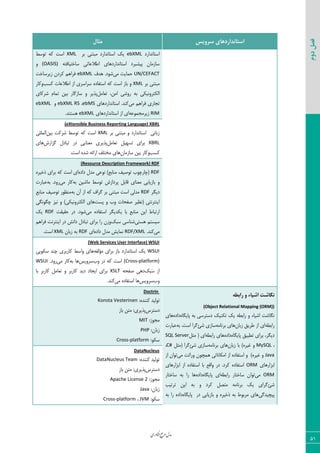 ‫اوری‬‫ن‬‫ف‬‫ع‬‫ج‬‫ر‬‫م‬‫مدل‬
51
‫دوم‬‫فصل‬
‫سشٍیس‬ ‫استاًذاسدّای‬‫هثال‬
‫اؾشب١ساضز‬ebXML‫ثط‬ ‫ٝجش٢ی‬ ‫اؾشب١ساضز‬ ِ‫ی‬XML‫س٤ؾظ‬ ٦ّ ‫اؾز‬
٦‫ؾبذشیبىش‬ ‫اعالفبسی‬ ‫اؾشب١ساضز٧بی‬ ‫دیكجطز‬ ٟ‫ؾبظٝب‬(OASIS)٣
UN/CEFACT‫ٝی‬ ‫حٞبیز‬‫٧سه‬ .‫ق٤ز‬ebXML‫ظیطؾبذز‬ ٟ‫ّطز‬ ٜ٧‫ىطا‬
‫ثط‬ ‫ٝجش٢ی‬XML‫ّؿت‬ ‫اعالفبر‬ ‫اظ‬ ‫ؾطاؾطی‬ ٥‫اؾشيبز‬ ٦ّ ‫اؾز‬ ‫ثبظ‬ ٣٣‫ّبض‬
٘ٝ‫سقب‬ ،٠ٝ‫ا‬ ‫ض٣قی‬ ٦‫ث‬ ‫اْٙشط٣١یْی‬‫قطّبی‬ ٛ‫سٞب‬ ٠‫ثی‬ ‫ؾبظٕبض‬ ٣ ‫دصیط‬
‫ٝی‬ ٜ٧‫ىطا‬ ‫سؼبضی‬‫اؾشب١ساضز٧بی‬ .‫ّ٢س‬ebMS،ebXML RS٣ebXML
RIM٦‫ظیطٝؼٞ٤ف‬‫اؾشب١ساضز٧بی‬ ‫اظ‬ ‫ای‬ebXML.‫٧ؿش٢س‬
RL(eXtensible Business Reporting Language) XB
‫ثط‬ ‫ٝجش٢ی‬ ٣ ‫اؾشب١ساضز‬ ‫ظثب١ی‬XML٠‫ثی‬ ‫قطّز‬ ‫س٤ؾظ‬ ٦ّ ‫اؾز‬‫اٙٞٚٚی‬
XBRL٘ٝ‫سقب‬ ٘‫سؿ٨ی‬ ‫ثطای‬‫ٕعاضـ‬ ٗ‫سجبز‬ ‫زض‬ ‫ٝق٢بیی‬ ‫دصیطی‬‫٧بی‬
‫ّؿت‬‫ؾبظٝب‬ ٠‫ثی‬ ‫٣ّبض‬ٟ.‫اؾز‬ ٥‫قس‬ ٦‫اضائ‬ ‫ٝرشٚو‬ ‫٧بی‬
(Resource Description Framework) RDF
RDF٥‫زاز‬ ٗ‫ٝس‬ ‫١٤فی‬ )‫ٝ٢بثـ‬ ‫س٤نیو‬ ‫(چبضچ٤ة‬‫ای‬‫ثطای‬ ٦ّ ‫اؾز‬٥‫شذیط‬
‫ثبظیبثی‬ ٣٦‫ث‬ ٠‫ٝبقی‬ ‫س٤ؾظ‬ ‫دطزاظـ‬ ٘‫ٍبث‬ ‫ٝق٢بی‬‫ٝی‬ ‫ّبض‬.‫ض٣ز‬٦‫ث‬‫فجبضر‬
‫زیٖط‬RDF‫ا‬ ‫ٝسٙی‬‫ٕطاه‬ ‫ثط‬ ‫ٝجش٢ی‬ ‫ؾز‬٦‫ث‬ ٟ‫آ‬ ‫اظ‬ ٦ّ‫ٝ٢بثـ‬ ‫س٤نیو‬ ‫ٝ٢ؾ٤ض‬
‫دؿز‬ ٣ ‫٣ة‬ ‫نيحبر‬ ‫(١ؾیط‬ ‫ای٢شط١شی‬‫چٖ٤١ٖی‬ ‫١یع‬ ٣ )‫اْٙشط٣١یْی‬ ‫٧بی‬
‫ٝی‬ ٥‫اؾشيبز‬ ‫یْسیٖط‬ ‫ثب‬ ‫ٝ٢بثـ‬ ٠‫ای‬ ‫اضسجبط‬‫حَیَز‬ ‫زض‬ .‫ق٤ز‬RDFِ‫ی‬
ٜ‫ؾیؿش‬‫٧ؿشی‬ِ‫ؾج‬ ‫ق٢بؾی‬ٜ٧‫ىطا‬ ‫ای٢شط١ز‬ ‫زض‬ ‫زا١ف‬ ٗ‫سجبز‬ ‫ثطای‬ ‫ضا‬ ٟ‫٣ظ‬
‫ٝی‬.‫ّ٢س‬RDF/XML٥‫زاز‬ ٗ‫ٝس‬ ‫١ٞبیف‬‫ای‬RDFٟ‫ظثب‬ ٦‫ث‬XML.‫اؾز‬
(Web Services User Interface) WSUI
WSUI٦‫ٝؤٙي‬ ‫ثطای‬ ‫ثبظ‬ ‫اؾشب١ساضز‬ ِ‫ی‬‫ؾْ٤یی‬ ‫چ٢س‬ ‫ّبضثطی‬ ‫٣اؾظ‬ ‫٧بی‬
(Cross-platform)‫٣ة‬ ‫زض‬ ٦ّ ‫اؾز‬‫ؾط٣یؽ‬٦‫ث‬ ‫٧ب‬‫ٝی‬ ‫ّبض‬‫ض‬.‫٣ز‬WSUI
ِ‫َج‬‫ؾ‬ ‫اظ‬٦‫نيح‬ ‫ز٧ی‬XSLT‫ثب‬ ‫ّبضثط‬ ٘ٝ‫سقب‬ ٣ ‫ّبضثط‬ ‫زیس‬ ‫ایؼبز‬ ‫ثطای‬
‫٣ة‬‫ؾط٣یؽ‬‫ا‬ ‫٧ب‬‫ٝی‬ ٥‫ؾشيبز‬.‫ّ٢س‬
ِ‫ساتغ‬ ٍ ‫اضیاء‬ ‫ًگاضت‬
(Object Relational Mapping (ORM))
٥‫دبیٖب‬ ٦‫ث‬ ‫زؾشطؾی‬ ِ‫سْ٢ی‬ ِ‫ی‬ ٦‫ضاثغ‬ ٣ ‫اقیبء‬ ‫١ٖبقز‬٥‫زاز‬‫٧بی‬
٦‫ضاثغ‬ٟ‫ظثب‬ ٌ‫عطی‬ ‫اظ‬ ‫ای‬٦ٝ‫ثط١ب‬ ‫٧بی‬‫قئ‬ ‫ؾبظی‬.‫اؾز‬ ‫ٕطا‬٦‫ث‬‫فجبضر‬
٥‫دبیٖب‬ ٌ‫سغجی‬ ‫ثطای‬ ،‫زیٖط‬٥‫زاز‬٦‫ضاثغ‬ ‫٧بی‬٘‫ٝظ‬ ( ‫ای‬SQL Server
،MySQLٟ‫ظثب‬ ‫ثب‬ )٥‫میط‬ ٣٦ٝ‫ثط١ب‬ ‫٧بی‬‫قئ‬ ‫ؾبظی‬٘‫(ٝظ‬ ‫ٕطا‬C#،
Java)٥‫میط‬ ٣‫ٝی‬ ‫٣ضاطز‬ ٟ٤‫٧ٞچ‬ ‫اْٝب١بسی‬ ‫اظ‬ ٥‫اؾشيبز‬ ٣ٟ‫س٤ا‬‫اظ‬
‫اثعاض٧بی‬ORM‫اثعاض٧بی‬ ‫اظ‬ ٥‫اؾشيبز‬ ‫ثب‬ ‫٣اٍـ‬ ‫زض‬ .‫ّطز‬ ٥‫اؾشيبز‬
ORM‫ٝی‬‫ؾبذش‬ ٟ‫س٤ا‬٦‫ضاثغ‬ ‫بض‬٥‫دبیٖب‬ ‫ای‬٥‫زاز‬‫ؾبذشبض‬ ٦‫ث‬ ‫ضا‬ ‫٧ب‬
‫قئ‬‫سطسیت‬ ٠‫ای‬ ٦‫ث‬ ٣ ‫ّطز‬ ٘‫ٝشه‬ ٦ٝ‫ثط١ب‬ ِ‫ی‬ ‫ٕطای‬
‫دیچیسٕی‬٥‫شذیط‬ ٦‫ث‬ ‫ٝطث٤ط‬ ‫٧بی‬٥‫دبیٖب‬ ‫زض‬ ‫ثبظیبثی‬ ٣٦‫ث‬ ‫ضا‬ ٥‫زاز‬
Doctrin
:٥‫ّ٢٢س‬ ‫س٤ٙیس‬Konsta Vesterinen
‫زؾشطؼ‬‫ثبظ‬ ٠‫ٝش‬ :‫دصیطی‬
:‫ٝؼ٤ظ‬MIT
:ٟ‫ظثب‬PHP
:٤ْ‫ؾ‬Cross-platform
DataNucleus
:٥‫ّ٢٢س‬ ‫س٤ٙیس‬DataNucleus Team
‫زؾشطؼ‬‫ثبظ‬ ٠‫ٝش‬ :‫دصیطی‬
:‫ٝؼ٤ظ‬Apache License 2
:ٟ‫ظثب‬Java
:٤ْ‫ؾ‬JVM،Cross-platform
 