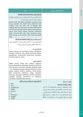 ‫اوری‬‫ن‬‫ف‬‫ع‬‫ج‬‫ر‬‫م‬‫مدل‬
56
‫دوم‬‫فصل‬
‫سشٍیس‬ ‫استاًذاسدّای‬‫هثال‬
ِ‫ًسخ‬ ‫کٌتشل‬ ‫اتضاسّای‬(Version Control Tools)
ٛ‫١ط‬ ‫دیْطث٢سی‬ ‫ٝسیطیز‬ ٣ ٦‫١ؿر‬ ٗ‫ّ٢شط‬ ٦ّ ‫اؾز‬ ‫اثعاض٧بیی‬ ٘ٝ‫قب‬‫اىعاض٧ب‬
‫ٝی‬ ٛ‫ا١ؼب‬ ‫ضا‬:‫اظ‬ ‫فجبضس٢س‬ ‫آ١٨ب‬ ‫اظ‬ ‫سقسازی‬ ٦ّ ‫ز٧٢س‬
AccuRev SCM, GNU Bazaar, BitKeeper, ClearCase, Code
Co-op, Codeville, CVS, CVSNT, darcs, Dimensions CM,
Endevor, Fossil, Git, GNU arch, IC Manage, MKS
Integrity, Mercurial, Monotone, stic SCM, PVCS, Rational
Team Concert, Revision Control System, SCM Anywhere,
Source Code Control System, StarTeam, Subversion
(SVN), Surround SCM, SVK, Team Foundation Server
(TFS), Synergy, Vault, Veracity, Vesta, Visual SourceSafe
(VSS)
‫ّوگام‬ ‫اتضاسّای‬‫فایل‬ ‫ساصی‬(File Synchronization Tools)
‫ٝی‬ ٘‫حبن‬ ٟ‫اعٞی٢ب‬ ٦ّ ‫اؾز‬ ‫اثعاض٧بیی‬ ٘ٝ‫قب‬٘‫ىبی‬ ٦ّ ‫ّ٢٢س‬‫٧بی‬‫ٝ٤ػ٤ز‬
٦‫ث‬ ‫ٝكبث٨ی‬ ٠‫ٍ٤ا١ی‬ ‫ثب‬ ٦‫١َغ‬ ‫چ٢س‬ ‫زض‬‫ٝی‬ ‫ض٣ظضؾب١ی‬.‫ق٤١س‬
:‫تاص‬ ‫هتي‬ ‫اتضاسّای‬
Conduit, DirSync Pro, FreeFileSync, iFolder, luckyBackup,
OneSync, ownCloud, rsync, Seafile community edition,
SparkleShare, SymmetricDS, Synchronizer (krusader),
Syncthing, Synkron, Unison
:‫تجاسی‬ ‫اتضاسّای‬
@MAX SyncUp, Allway Sync, AIMstor, Argentum
Backup, BackupAssist, Backup4all, BatchSync, BitTorrent
Sync, Box Sync, ChronoSync, Cloudike, CloudMe, Cubby
– Pro, Distributed Storage, Dropbox, Easy2Sync for Files,
Egnyte, Gladinet, GoDrive, GoodSync, Handy Backup,
IBM Connections, MediaFire, Mega, RepliWeb,
Robocopy, SecureSafe, SpiderOak, ShareFile, SugarSync,
SyncBack, Syncdocs, Synchronize It!, Syncplicity,
TeamDrive, Tonido,XXL Box, Zetta.net
‫کسة‬ ِ‫ش‬ٍَّ‫کاس‬
(Business Intelligence(BI))
٦‫ٝؼٞ٤ف‬ ٘ٝ‫قب‬‫ض٣ـ‬ ‫اظ‬ ‫ای‬‫ى٢ب٣ضی‬ ٣ ‫٧ب‬‫ثطای‬ ٦ّ ‫اؾز‬ ‫٧بیی‬
‫ٝی‬ ٥‫اؾشيبز‬ ‫ٝق٢بزاض‬ ٣ ‫ٝيیس‬ ‫اعالفبر‬ ٦‫ث‬ ٛ‫ذب‬ ٥‫زاز‬ ٘‫سجسی‬.‫ق٤ز‬
‫ّؿت‬ ‫٧٤ـ‬٣٣ ‫ق٢بؾبیی‬ ‫ثطای‬ ‫ضا‬ ‫اعالفبر‬ ‫اظ‬ ‫ثعضٕی‬ ‫َٝبزیط‬ ‫ّبض‬
‫ىطنز‬ ٦‫س٤ؾق‬‫ٝی‬ ‫ّبض‬ ٦‫ث‬ ‫ػسیس‬ ‫٧بی‬‫ٝ٤اٍـ‬ ‫ثؿیبضی‬ ‫زض‬ .‫ٕیطز‬
‫ّؿت‬ ‫٧٤ـ‬٥‫زاز‬ ‫٣ّبض‬٥‫ا١جبض‬ ‫زض‬ ٦ّ ‫ضا‬ ‫٧بیی‬٥‫زاز‬ ‫٧بی‬(Data
‫کسة‬ ‫َّش‬ ‫اتضاسّای‬‫سایگاى‬ ٍ ‫تاص‬ ‫هتي‬ ‫ٍکاس‬
 BIRT
 D3.js
 JasperReports
 KNIME
 Pentaho
 R
 Seal Report
 SpagoBI
 TACTIC
 