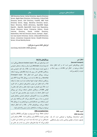 ‫اوری‬‫ن‬‫ف‬‫ع‬‫ج‬‫ر‬‫م‬‫مدل‬
69
‫دوم‬‫فصل‬
‫سشٍیس‬ ‫استاًذاسدّای‬‫هثال‬
389 Directory Server, Active Directory, Apache Directory
Server, Apple Open Directory, CA Directory, Critical Path
Directory Server, DirX Directory, FreeIPA, IBM Tivoli
Directory Server, ldapjs, Mandriva Directory Server,
Nexor Directory, NetIQ eDirectory, OpenBSD ldapd,
OpenDJ , OpenDS, OpenLDAP, Smart User Repository,
Oracle Directory Server Enterprise Edition, Oracle
Internet Directory, Oracle Unified Directory,
RadiantOne, Red Hat Directory Server, Samba4 , Slapd ,
Sun Java System Directory Server, UnboundID Directory
Server, Univention Corporate Server, ViewDS Directory
Server, Virtual Identity Server
‫اتضاسّای‬LDAPِ‫ت‬‫هیاى‬ ‫صَست‬:‫افضاس‬
Json2Ldap, Rest2LDAP, DSML gateway
‫اهي‬ ‫اًتقال‬
(Secured Transport)
ْ٘‫دط٣س‬ ٘ٝ‫قب‬‫٧بی‬٦ْ‫قج‬ ٗ‫ا١شَب‬ ٦‫الی‬ ‫زض‬ ٦ّ ‫اؾز‬ ‫اٝ٢یشی‬
‫ٝی‬ ٥‫اؾشيبز‬٣ ٦ْ‫قج‬ ‫ض٣ی‬ ‫ثط‬ ‫اعالفبر‬ ٠ٝ‫ا‬ ٗ‫ا١شَب‬ ٣ ‫ق٤١س‬
‫ٝی‬ ٜ٧‫ىطا‬ ‫ضا‬ ‫ای٢شط١ز‬.‫ّ٢٢س‬
‫پشٍتکل‬‫ّای‬SSL/TLS
‫ؾ٤ّز‬ ٦‫الی‬٠ٝ‫ا‬ ‫٧بی‬SSL(Secure Sockets Layer)‫اؾز‬ ‫دط٣سْٚی‬
‫قطّز‬ ‫س٤ؾظ‬ ٦ّNetscape‫ذه٤نی‬ ‫ؾ٢س٧بی‬ ‫زضیبىز‬ ٣ ٗ‫اضؾب‬ ‫ثطای‬
٦‫یبىش‬ ٦‫س٤ؾق‬ ‫ای٢شط١ز‬ ٌ‫عطی‬ ‫اظ‬.‫اؾز‬SSL‫ذه٤نی‬ ‫ّٚیس‬ ِ‫ی‬ ‫اظ‬‫ثطای‬
‫اضسجبط‬ ِ‫ی‬ ‫ض٣ی‬ ‫ثط‬ ٦ّ ‫اعالفبسی‬ ‫ضٝع١ٖبضی‬SSL‫ٝی‬ َ٘‫ٝ٢ش‬٥‫اؾشيبز‬ ‫ق٤١س‬
‫ٝی‬‫١ٞبیس‬.ٗ‫ا١شَب‬ ٦‫الی‬ ‫اٝ٢یشی‬ ْ٘‫دط٣س‬TLS(Transport Layer
Security)٦‫دبی‬ ‫ثط‬SSL٥‫قس‬ ‫ث٢ب‬ْ٘‫دط٣س‬ .‫اؾز‬TLS‫س٤ؾظ‬IETF‫ثطای‬
٥‫اؾشيبز‬ ‫اظ‬ ‫٧سه‬ .‫اؾز‬ ٥‫قس‬ ‫اؾشب١ساضز‬ ‫ا١ش٨ب‬ ٦‫ث‬ ‫ا١ش٨ب‬ ‫اضسجبعبر‬ ‫ضٝع١ٖبضی‬
TLS‫سطاّ٢ف‬ ٟ‫١ٞ٤ز‬ ٠ٝ‫ا‬ ،ٗ‫ا١شَب‬ ٦‫الی‬ ‫زض‬‫ّبضثطز‬ ٦‫الی‬ ‫زض‬ ‫اضسجبعی‬ ‫٧بی‬
.‫اؾز‬TLS‫اظ‬ ٟ‫ٝشَبض‬ ‫ّٚیس‬ ٗ‫سجبز‬ ٣ ٘‫َٝبث‬ ‫عطه‬ ‫٧٤یز‬ ‫اظ‬ ٟ‫اعٞی٢ب‬ ‫ثطای‬
‫ٕ٤ا٧ی‬X.509ٟ‫١بٝشَبض‬ ‫ضٝع١ٖبضی‬ ٣‫ٝی‬ ٥‫اؾشيبز‬ْ٘‫دط٣س‬ ٠‫ای‬ .‫ّ٢س‬
٥‫زاز‬ ٗ‫ا١شَب‬ ‫اٝ٢یز‬‫ثب‬ ٟ‫ّطز‬ ‫ّبض‬ ٟ٤‫چ‬ ‫َٝبنسی‬ ‫ثطای‬ ‫ای٢شط١ز‬ ‫زض‬ ‫ضا‬ ‫٧ب‬
٥‫دبیٖب‬ٛ‫دیب‬ ،‫ای٢شع١شی‬ ‫١ٞبثط٧بی‬ ،‫اْٙشط٣١یْی‬ ‫دؿز‬ ،‫٣ة‬ ‫٧بی‬‫ى٤ضی‬ ‫٧بی‬
‫ض٣ی‬ ‫ثط‬ ‫نسا‬ ٣ ‫ای٢شط١شی‬IP‫ٝی‬ ٜ٧‫ىطا‬‫٣ة‬ ‫اّظط‬ .‫ّ٢س‬٥‫ٕب‬٠ٝ‫ا‬ ‫ثطای‬ ‫٧ب‬
‫اظ‬ ‫٣ة‬ ‫ٝط٣ضٕط٧بی‬ ٣ ٟ‫ذسٝشٖعاضا١كب‬ ٠‫ثی‬ ‫اضسجبعبر‬ ٟ‫ّطز‬ْ٘‫دط٣س‬TLS
‫ٝی‬ ٥‫اؾشيبز‬ْ٘‫دط٣س‬ .‫ّ٢٢س‬‫٧بی‬TLS٣SSL٥‫اؾشيبز‬ ٗ‫ا١شَب‬ ٦‫الی‬ ‫زض‬
‫ٝی‬‫ٝی‬ ٣ ‫ق٤١س‬٦ْ‫قج‬ ‫زض‬ ‫س٤ا١٢س‬٥‫دیبز‬ ‫ؾیٞی‬ ٣ ‫ؾیبض‬ ‫٧بی‬.‫ق٤١س‬ ‫ؾبظی‬
‫اهٌیت‬XML
(XML Security)
ْ٘‫دط٣س‬ ،‫اؾشب١ساضز٧ب‬ ٘ٝ‫قب‬ِ‫ی‬ ٦ّ ‫اؾز‬ ‫اثعاض٧بیی‬ ٣ ‫٧ب‬
‫دبؾرٖ٤یی‬ ‫ثطای‬ ‫ٝ٢بؾت‬ ‫دطزاظقی‬ ٠‫ٍ٤ا١ی‬ ٣ ُ‫ٝكشط‬ ‫چبضچ٤ة‬
(XML encryption) Xenc
‫اؾشب١ساضز‬Xencٟ‫ػ٨ب‬ ‫٣ة‬ ٛ٤‫ّ٢ؿطؾی‬ ‫س٤ؾظ‬‫ٕؿشط‬(W3C)٥٣‫ّبضٕط‬ ٣
‫ای٢شط١ز‬ ‫ٝ٨٢سؾی‬(IETF)‫اؾ٢بز‬ ‫ضٝع١ٖبضی‬ ‫ثطای‬XMLٟ‫ّطز‬ ٜ٧‫ىطا‬ ٣
‫ای‬ .‫اؾز‬ ٥‫قس‬ ٦‫اضائ‬ ‫اؾ٢بز‬ ٠‫ای‬ ‫زض‬ ‫ٝحطٝب١ٖی‬‫ضا‬ ٟ‫اْٝب‬ ٠‫ای‬ ‫اؾشب١ساضز‬ ٠
‫ٝی‬ ٜ٧‫ىطا‬‫ثرف‬ ‫س٢٨ب‬ ٦ّ ‫ّ٢س‬‫١یع‬ ‫ثرف‬ ‫٧ط‬ ٣ ٥‫قس‬ ‫ضٝع‬ ‫حؿبؼ‬ ‫٧بی‬
 