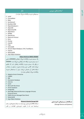 ‫اوری‬‫ن‬‫ف‬‫ع‬‫ج‬‫ر‬‫م‬‫مدل‬
75
‫دوم‬‫فصل‬
‫سشٍیس‬ ‫استاًذاسدّای‬‫هثال‬
ٜ‫ؾیؿش‬٥‫دبیٖب‬ ‫ٝسیطیز‬ ‫٧بی‬‫قئ‬ ٥‫زاز‬:‫اظ‬ ‫فجبضس٢س‬ ‫ٕطا‬
 caché
 ConceptBase
 Db4o
 GemStone/S
 NeoDatis ODB
 ObjectDatabase++
 ObjectDB
 Objectivity/DB
 ObjectStore
 ODABA
 OpenAccess
 OpenLink Virtuoso
 Perst
 Picolisp
 siaqodb
 Twig
 VelocityDB
 Versant Object Database / JPA / FastObjects
 Volante
 WakandaDB
 Zope Object Database
Relational DBMS) ORDBMS-(Object
٥‫دبیٖب‬ ‫ٝسیطیز‬ ٜ‫ؾیؿش‬ ِ‫ی‬‫قئ‬ ٥‫زاز‬‫ٕطا‬-٦‫ضاثغ‬‫ای‬(ORDBMS)‫سطّیجی‬
٦‫ضاثغ‬ ٥‫زاز‬ ٥‫دبیٖب‬ ‫ٝسیطیز‬ ٜ‫ؾیؿش‬ ٣‫ز‬ ‫اظ‬‫قئ‬ ٣ ‫ای‬.‫اؾز‬ ‫ٕطا‬ORDBMS
٥‫دبیٖب‬ ‫ٝسیطیز‬ ٜ‫ؾیؿش‬ ِ‫ی‬ ‫٣اٍـ‬ ‫زض‬٦‫ضاثغ‬ ٥‫زاز‬ٜ‫ٝيب٧ی‬ ٦ّ ‫اؾز‬ ‫ای‬
‫قئ‬٦‫ث‬ )‫٣ضاطز‬ ،‫قئ‬ ،‫ّالؼ‬ ‫(ٝب١٢س‬ ‫ٕطا‬٣ ‫قٞب٧ب‬ ‫زض‬ ٜ‫ٝؿشَی‬ ‫ن٤ضر‬
‫زضذ٤اؾز‬‫ٝی‬ ‫دكشیجب١ی‬ ٟ‫آ‬ ‫٧بی‬ٜ‫ؾیؿش‬ ‫اظ‬ ‫ثطذی‬ .‫ق٤ز‬‫ٝسیطیز‬ ‫٧بی‬
٥‫دبیٖب‬‫قئ‬ ٥‫زاز‬‫ٕطا‬-٦‫ضاثغ‬:‫اظ‬ ‫فجبضس٢س‬ ‫ای‬
 Adaptive Server Enterprise
 CUBRID
 DB2
 Greenplum Database
 Informix
 Caché
 Microsoft SQL Server
 Oracle Database
 PostgreSQL
 OpenEdge Advanced Business Language Virtuoso
Universal Server
 VMDS (Version Managed Data Store)
 WakandaDB
 Zope Object Database
ُ‫دستگا‬‫ّا‬‫سیستن‬ ٍ‫ّای‬ُ‫رخیش‬‫ساصی‬
(Storage Devices and Systems)
(Network Attached Storage) NAS
٥‫زؾشٖب‬NAS٥‫(شذیط‬‫ؾ‬‫دی٤ؾز‬ ‫بظی‬٦‫ٝؼٞ٤ف‬ )٦ْ‫قج‬ ٦‫ث‬ ٥‫قس‬‫٧بضز‬ ‫اظ‬ ‫ای‬
ِ‫زیؿ‬٥‫شذیط‬ ‫ٍبثٚیز‬ ‫اظ‬ ٦ّ ‫اؾز‬ ‫٧ب‬‫ٍبٙت‬ ‫زض‬ ‫اعالفبر‬ ‫ؾبظی‬
 