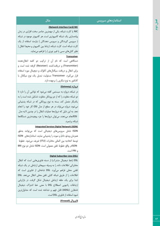 ‫اوری‬‫ن‬‫ف‬‫ع‬‫ج‬‫ر‬‫م‬‫مدل‬
86
‫دوم‬‫فصل‬
‫سشٍیس‬ ‫استاًذاسدّای‬‫هثال‬
(Network Interface Card) NIC
NICٟ‫ظٝب‬ ‫زض‬ ‫اىعاضی‬ ‫ؾرز‬ ‫ف٢بنط‬ ٠‫ٝ٨ٞشطی‬ ‫اظ‬ ‫یْی‬ ،٦ْ‫قج‬ ‫ّبضر‬ ‫یب‬
٥‫دیبز‬.‫اؾز‬ ‫ّبٝذی٤سطی‬ ٦ْ‫قج‬ ِ‫ی‬ ‫ؾبظی‬٦ْ‫قج‬ ‫زض‬ ‫ٝ٤ػ٤ز‬ ‫ّبٝذی٤سط‬ ‫٧ط‬
ِ‫ی‬ ‫اظ‬ ٥‫اؾشيبز‬ ‫١یبظٝ٢س‬ ) ٟ‫ز٧٢سٕب‬ ‫ؾط٣یؽ‬ ٣ ٟ‫ٕیط١سٕب‬ ‫ؾط٣یؽ‬ (
‫ّبضر‬ .‫اؾز‬ ٦ْ‫قج‬ ‫ّبضر‬( ٗ‫ا١شَب‬ ‫ٝحیظ‬ ٣ ‫ّبٝذی٤سط‬ ٠‫ثی‬ ‫اضسجبط‬ ،٦ْ‫قج‬
٘‫ّبث‬ ‫١ؾیط‬‫ٝی‬ ٜ٧‫ىطا‬ ‫ضا‬ ) ‫١٤ضی‬ ‫ىیجط‬ ‫یب‬ ‫ٝؿی‬ ‫٧بی‬.‫١ٞبیس‬
Transceiver
ٗ‫ا١شَب‬ ٦ّٞٚ ٣‫ز‬ ‫سطّیت‬ ‫اظ‬ ٟ‫آ‬ ٛ‫١ب‬ ٦ّ ‫اؾز‬ ‫زؾشٖب٧ی‬٥‫ز٧٢س‬
(Transmitter)‫زضیبىز‬ ٣٥‫ّ٢٢س‬(Receiver)٣ ‫اؾز‬ ٥‫قس‬ ٦‫ٕطىش‬
ٗ‫ؾیٖ٢ب‬ ‫زضیبىز‬ ٣ ٗ‫ا١شَب‬ ‫ثطای‬٥‫اؾشيبز‬ ‫ٝ٤ضز‬ ٗ‫زیچیشب‬ ٣ ٓ٤ٙ‫آ١ب‬ ‫٧بی‬
‫ٝی‬ ‫ٍطاض‬.‫ٕیطز‬Transceiver‫یب‬ ٗ‫ؾیٖ٢ب‬ ‫١٤ؿ‬ ِ‫ی‬ ٘‫سجسی‬ ‫ٝؿئ٤ٙیز‬
.‫زاضز‬ ٥‫ثطف٨س‬ ‫ضا‬ ‫زیٖطی‬ ‫١٤ؿ‬ ٦‫ث‬ ‫ّب١ْش٤ض‬
ُ‫دسٍاص‬(Gateway)
،٦ْ‫قج‬ ‫زض‬٥‫زض٣اظ‬‫ٝی‬ ٦‫ٕيش‬ ‫ؾیؿشٞی‬ ٦‫ث‬‫سب‬ ‫زاضز‬ ‫ضا‬ ٟ‫آ‬ ‫س٤ا١بیی‬ ٦ّ ‫ق٤ز‬
٦‫ث‬ ‫ضا‬ ‫اؾز‬ ٥‫قس‬ ٘‫سكْی‬ ‫ٝشيب٣ر‬ ْ٘‫دط٣س‬ ٣‫ز‬ ‫اظ‬ ٦ّ ‫ضا‬ ‫ٝشيب٣ر‬ ٦ْ‫قج‬ ٣‫ز‬
‫دكشیجب١ی‬ ٦ْ‫قج‬ ‫زض‬ ٦ّ ‫دط٣سْٚی‬ ‫١٤ؿ‬ ٦‫ث‬ ٦‫ثؿش‬ .‫ّ٢س‬ ٘‫ٝشه‬ ‫یْسیٖط‬
‫ٝی‬٥‫زض٣اظ‬ ،‫ق٤ز‬‫ٝی‬ٗ‫ٝس‬ ‫اظ‬ ‫ؾغح‬ ‫٧ط‬ ‫زض‬ ‫س٤ا١س‬OSIٛ‫ا١ؼب‬ ‫ضا‬ ‫ذ٤ز‬ ‫ّبض‬
٥‫زض٣اظ‬ ٦ّ ٘‫زٙی‬ ٠‫ای‬ ٦‫ث‬ .‫ز٧س‬ٗ‫ٝس‬ ٦‫الی‬ ٠‫چ٢سی‬ ‫زض‬ ‫ضا‬ ٗ‫ا١شَب‬ ‫فٞٚیبر‬ ‫٧ب‬
OSIٝ ٛ‫ا١ؼب‬‫ی‬‫ٝی‬ ،‫ز٧٢س‬٥‫زض٣اظ‬ ٟ‫س٤ا‬٥‫دیچیس‬ ‫ػعء‬ ‫ضا‬ ‫٧ب‬٥‫زؾشٖب‬ ٠‫سطی‬‫٧ب‬
.‫ثطقٞطز‬ ٦ْ‫قج‬
Integrated Services Digital Network (ISDN)
ISDN‫ؾط٣یؽ‬ ٘ٝ‫قب‬‫ٝی‬ ٦ّ ‫اؾز‬ ‫زیؼیشبٙی‬ ‫٧بی‬٦‫ث‬ ‫س٤ا١٢س‬‫ع٤ض‬
‫زاز‬ ،٤‫٣یسئ‬ ٟ‫٧ٞعٝب‬٥‫اؾشب١ساضز٧بی‬ .‫١ٞبی٢س‬ ‫دكشیجب١ی‬ ‫ضا‬ ‫ن٤ر‬ ٣ISDN
‫ٝربثطار‬ ‫اٙٞٚٚی‬ ٠‫ثی‬ ٦‫اسحبزی‬ ‫س٤ؾظ‬(ITU)‫ٝی‬ ‫سقطیو‬‫ذغ٤ط‬ .‫ق٤ز‬
ISDN.‫اؾز‬ ‫ٝقٞ٤ٙی‬ ٠‫سٚي‬ ‫ذغ٤ط‬ ‫٣اٍـ‬ ‫زض‬ISDN‫١٤ؿ‬ ٣‫ز‬ ٘ٝ‫قب‬BRI
٣PRI.‫اؾز‬
Digital Subscriber Line (DSL)
DSL)ُ‫ٝكشط‬ ٗ‫زیؼیشب‬ ‫(ذظ‬‫ى٢ب٣ضی‬ ٦‫زؾش‬ ‫اظ‬ٗ‫ا١شَب‬ ٦ّ ‫اؾز‬ ‫٧بیی‬
ٜ‫ؾی‬ ٦ٚ‫٣ؾی‬ ٦‫ث‬ ‫ضا‬ ٥‫زاز‬ ‫اعالفبر‬ ‫ٝربثطاسی‬‫٧بی‬٦ْ‫قج‬ ِ‫ی‬ ‫زض‬ ‫اضسجبعی‬
‫ٝی‬ ٜ٧‫ىطا‬ ‫ٝحٚی‬ ‫سٚي٢ی‬.‫آ٣ضز‬DSL٦‫قبذ‬٦ّ ‫اؾز‬ ‫ى٢ب٣ضی‬ ‫اظ‬ ‫ای‬
‫ٝی‬ ٗ‫ا١شَب‬ ‫ٝحٚی‬ ٠‫سٚي‬ ‫ّبثٚی‬ ٦ْ‫قج‬ ٌ‫عطی‬ ‫اظ‬ ‫ضا‬ ‫اعالفبر‬.‫ز٧س‬DSL
‫ثبظاضیبثی‬ ‫زض‬ .‫ٕطىز‬ ْ٘‫ق‬ ٗ‫زیؼیشب‬ ‫اضسجبعی‬ ٦َٚ‫ح‬ ِ‫ی‬ ‫ثطای‬ ‫اثشسا‬
‫انغالح‬ ‫ضازی٤یی‬ ‫اضسجبعبر‬DSLٗ‫زیؼیشب‬ ُ‫اقشطا‬ ‫ذظ‬ ‫ٝق٢ی‬ ‫ثب‬
ٟ‫١بٝشَبض‬(ADSL)ٗ٣‫ٝشسا‬ ٦ّ ‫اؾز‬ ٥‫قس‬ ٦‫ق٢بذش‬ ٣ ٜ٨‫ى‬ ٘‫ٍبث‬٠‫سطی‬
‫ى٢ب٣ضی‬ ‫اظ‬ ٥‫اؾشيبز‬ ٥٤‫قی‬DSL.‫اؾز‬
‫فایشٍال‬(Firewall)
 