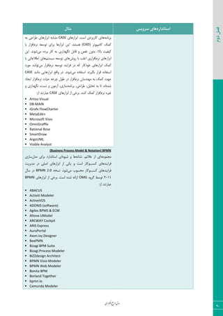 ‫اوری‬‫ن‬‫ف‬‫ع‬‫ج‬‫ر‬‫م‬‫مدل‬
90
‫دوم‬‫فصل‬
‫سشٍیس‬ ‫استاًذاسدّای‬‫هثال‬
٦ٝ‫ثط١ب‬‫اثعاض٧بی‬ .‫اؾز‬ ‫ّبضثطزی‬ ‫٧بی‬CASE٦‫ث‬ ‫عطاحی‬ ‫اثعاض٧بی‬ ٦‫ٝكبث‬
‫ّبٝذی٤سط‬ ِّٞ(CAD)ٛ‫١ط‬ ٦‫س٤ؾق‬ ‫ثطای‬ ‫اثعاض٧ب‬ ٠‫ای‬ .‫٧ؿش٢س‬‫ثب‬ ‫اىعاض‬
ٟ٣‫ثس‬ ،‫ثبال‬ ‫ّیيیز‬‫ٝی‬ ٥‫ثطز‬ ‫ّبض‬ ٦‫ث‬ ‫١ٖ٨ساضی‬ ٘‫ٍبث‬ ٣ ‫١َم‬٠‫ای‬ .‫ق٤١س‬
ٛ‫١ط‬ ‫اثعاض٧بی‬‫ض٣ـ‬ ‫ثب‬ ‫امٚت‬ ‫اىعاضی‬ٜ‫ؾیؿش‬ ٦‫س٤ؾق‬ ‫٧بی‬‫اعالفبسی‬ ‫٧بی‬‫ثب‬
ٛ‫١ط‬ ٦‫س٤ؾق‬ ‫ىطای٢س‬ ‫زض‬ ٦ّ ‫ذ٤زّبض‬ ‫اثعاض٧بی‬ ِّٞ‫اىعاض‬‫ٝی‬‫ٝ٤ضز‬ ‫س٤ا١٢س‬
‫ٝی‬ ٥‫اؾشيبز‬ ‫ثٖیط١س‬ ‫ٍطاض‬ ٥‫اؾشيبز‬‫ٝب١٢س‬ ‫اثعاض٧بیی‬ ‫٣اٍـ‬ ‫زض‬ .‫ق٤١س‬CASE
ٟ‫ٝ٨٢سؾب‬ ٦‫ث‬ ِّٞ ‫ػ٨ز‬ٛ‫١ط‬ٛ‫١ط‬ ‫حیبر‬ ٦‫چطذ‬ ٗ٤‫ع‬ ‫زض‬ ‫اىعاض‬‫ایؼبز‬ ‫اىعاض‬
٥‫قس‬٦ٝ‫ثط١ب‬ ،‫عطاحی‬ ،٘‫سحٚی‬ ٦‫ث‬ ‫سب‬ ‫ا١س‬٣ ‫١ٖ٨ساضی‬ ،‫سؿز‬ ٣ ٟ٤ٝ‫آظ‬ ،‫ؾبظی‬
ٛ‫١ط‬ ٥‫میط‬‫اثعاض٧بی‬ ‫اظ‬ ‫ثطذی‬ .‫ّ٢٢س‬ ِّٞ ‫اىعاض‬CASE:‫اظ‬ ‫فجبضس٢س‬
 Artiso Visual
 DB-MAIN
 iGrafx FlowCharter
 MetaEdit+
 Microsoft Visio
 OmniGraffle
 Rational Rose
 SmartDraw
 ArgoUML
 Visible Analyst
(Business Process Model & Notation) BPMN
٦‫ٝؼٞ٤ف‬٦١‫١كب‬ ،ٜ‫فالئ‬ ‫اظ‬ ‫ای‬٥٤‫قی‬ ٣ ‫٧ب‬ٗ‫ٝس‬ ‫ثطای‬ ‫اؾشب١ساضز‬ ‫ای‬‫ؾبظی‬
‫ّؿت‬ ‫ىطای٢س٧بی‬٣‫اثعاض‬ ‫اظ‬ ‫یْی‬ ٣ ‫اؾز‬ ‫ّبض‬‫ٝسیطیز‬ ‫زض‬ ‫انٚی‬ ‫٧بی‬
‫ّؿت‬ ‫ىطای٢س٧بی‬٣‫ٝی‬ ‫ٝحؿ٤ة‬ ‫ّبض‬٦‫١ؿر‬ .‫ق٤ز‬BPMN 2.0ٗ‫ؾب‬ ‫زض‬
2011٥٣‫ٕط‬ ‫س٤ؾظ‬OMG‫اثعاض٧بی‬ ‫اظ‬ ‫ثطذی‬ .‫اؾز‬ ٥‫قس‬ ٦‫اضائ‬BPMN
:‫اظ‬ ‫فجبضس٢س‬
 ABACUS
 Activiti Modeler
 ActiveVOS
 ADONIS (software)
 Agiles BPMS & ECM
 Altova UModel
 ARCWAY Cockpit
 ARIS Express
 AuraPortal
 Axon.ivy Designer
 BeePMN
 Bizagi BPM Suite
 Bizagi Process Modeler
 BiZZdesign Architect
 BPMN Visio Modeler
 BPMN Web Modeler
 Bonita BPM
 Borland Together
 bpmn.io
 Camunda Modeler
 