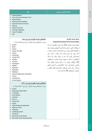 ‫اوری‬‫ن‬‫ف‬‫ع‬‫ج‬‫ر‬‫م‬‫مدل‬
93
‫دوم‬‫فصل‬
‫سشٍیس‬ ‫استاًذاسدّای‬‫هثال‬
 PowerDesigner
 Prosa Structured Analysis Tool
 Rational Rose
 Software Ideas Modeler
 Sparx Enterprise Architect
 SQLyog
 System Architect
 Toad Data Modeler
 Visual Paradigm
 yEd
ِ‫یکپاسچ‬ ِ‫تَسؼ‬ ‫هحیظ‬
(Integrated Development Environment (IDE))
٦‫یْذبضچ‬ ٦‫س٤ؾق‬ ‫ٝحیظ‬(IDE)ٛ‫١ط‬ ‫ّبضثطز‬ ِ‫ی‬٦ّ ‫اؾز‬ ‫اىعاضی‬
٦ٝ‫ثط١ب‬ ‫ثطای‬ ‫ضا‬ ‫ػبٝقی‬ ‫سؿ٨یالر‬٦‫س٤ؾق‬ ‫ػ٨ز‬ ‫ّبٝذی٤سطی‬ ٟ‫ؾبظا‬
ٛ‫١ط‬‫ٝی‬ ٜ٧‫ىطا‬ ‫اىعاض٧ب‬‫اظ‬ ‫ظیبزی‬ ‫ٍؿٞز‬ ‫یب‬ ٦ٞ٧ ‫ٝحیظ‬ ٠‫ای‬ .‫ّ٢س‬
ٟ‫ظثب‬ ‫سحز‬ ‫ضا‬ ٦ٝ‫ثط١ب‬ ِ‫ی‬ ‫ؾبذز‬ ‫ثطای‬ ‫١یبظ‬ ‫ٝ٤ضز‬ ‫اقیبء‬
٦ٝ‫ثط١ب‬٦ٝ‫ثط١ب‬ ِ‫ی‬ ‫س٤ٙیس‬ ٘‫ٝطاح‬ ٣ ‫اؾز‬ ‫زاضا‬ ‫ذبل‬ ‫ؾبظی‬
ٛ‫١ط‬٥‫ؾبز‬ ‫ضا‬ ‫اىعاضی‬‫ؾطیـ‬ ٣ ‫سط‬‫ٝی‬ ‫سط‬‫ٝحیظ‬ ‫اظ‬ ‫ثقضی‬ .‫ّ٢س‬‫٧بی‬
IDEٛ‫١ط‬ ٦‫س٤ؾق‬ ٘‫ٝطاح‬ ‫زض‬ ‫ضا‬ ‫ظیبزی‬ ‫سؿ٨یالر‬‫ٝب١٢س‬ ‫اىعاض‬
٥‫دیبز‬ ،‫عطاحی‬ٗ‫اقْب‬ ،‫سؿز‬ ،‫ؾبظی‬ٜ٧‫ىطا‬ ‫ٕؿشطـ‬ ٣ ‫ظزایی‬
‫ٝی‬ٟ‫ظثب‬ ‫ثیكشط‬ ‫ثطای‬ .‫ّ٢٢س‬٦ٝ‫ثط١ب‬ ‫٧بی‬٣ ٟ‫ضایٖب‬ ‫ا١٤اؿ‬ ‫ؾبظی‬
‫ٝحیظ‬ ‫اظ‬ ‫سؼبضی‬‫٧بی‬IDE.‫اؾز‬ ٥‫قس‬ ٦‫اضائ‬
‫هحیظ‬ِ‫یکپاسچ‬ ِ‫تَسؼ‬ ‫ّای‬‫صتاى‬ ‫تشای‬Java
‫ٝحیظ‬ ‫اظ‬ ‫ثطذی‬٦‫یْذبضچ‬ ٦‫س٤ؾق‬ ‫٧بی‬ٟ‫ظثب‬ ‫ثطای‬Java:‫اظ‬ ‫فجبضس٢س‬
 Anjuta
 BlueJ
 DrJava
 Eclipse JDT IBM
 Geany
 Greenfoot
 IntelliJ IDEA
 JBuilder
 JCreator
 JDeveloper
 jGRASP
 KDevelop
 MyEclipse
 NetBeans
 Rational Application Developer
 Servoy
 Understand
 Xcode (Apple)
‫هحیظ‬‫تشای‬ ِ‫یکپاسچ‬ ِ‫تَسؼ‬ ‫ّای‬‫صتاى‬C/C++
‫ٝحیظ‬ ‫اظ‬ ‫ثطذی‬٦‫یْذبضچ‬ ٦‫س٤ؾق‬ ‫٧بی‬ٟ‫ظثب‬ ‫ثطای‬C/C++:‫اظ‬ ‫فجبضس٢س‬
 Anjuta
 AppCode (IntelliJ IDEA)
 C++Builder
 Code::Blocks
 CodeLite
 Dev-C++
 Eclipse CDT
 Geany
 GNAT Programming Studio
 JetBrains CLion
 KDevelop
 LabWindows/CVI
 LccWin32
 Microsoft Visual Studio
 Microsoft Visual Studio Express
 