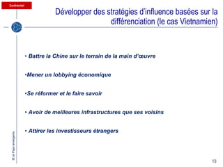 Développer des stratégies d’influence basées sur la différenciation (le cas Vietnamien) Battre la Chine sur le terrain de la main d’œuvre Mener un lobbying économique Se réformer et le faire savoir Avoir de meilleures infrastructures que ses voisins Attirer les investisseurs étrangers 
