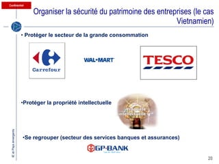 Organiser la sécurité du patrimoine des entreprises (le cas Vietnamien) Protéger le secteur de la grande consommation Protéger la propriété intellectuelle Se regrouper (secteur des services banques et assurances) 