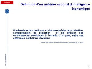 Définition d’un système national d’intelligence économique Combinaison des pratiques et des savoir-faire de production, d’interprétation, de protection  et de diffusion des connaissances développés à l’échelle d’un pays, entre ses différentes institutions et réseaux Philippe CLERC - Direction de l'Intelligence Economique, de l'innovation  et des TIC - ACFCI 