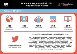 February 6th, 2015
Countries
represented
#iealumniforum
was Trending Topic!
Some of the represented companies include:
A&G · A.T. Kearney · Accenture · Alcatel-Lucent · Alstom Grid · Amadeus
American Express · Ashoka · Axel Springer · Barclays · BBVA · Cartier
Credit Suisse · DELL · Deloitte · Deutsche Post DHL · EDF · Endemol · ENEL
Ericsson · Ernst & Young · Ferrovial · GAS NATURAL FENOSA
General Electric · Huawei · International Airlines Group · IBERDROLA · IBM
Indra · IngDirect · Interbrand · Japan Tobacco International · Kellogg´s
Kreab Gavin Anderson · McCann Erickson · Mitsubishi · Oracle · Procter &
Gamble · PwC · Randstad · REPSOL · Ricoh · Robert Bosch · Santander
Schneider Electric · Siemens · Telefónica · Tetra Pak
The Walt Disney Company · ThyssenKrupp
120 329 1700 750 950
Companies Participants Attendees Connected
via streaming
IE Alumni Forum Madrid 2015
Why Innovation Matters
 