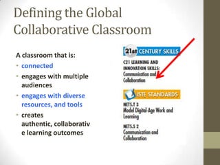 Defining the Global
Collaborative Classroom
A classroom that is:
• connected
• engages with multiple
audiences
• engages with diverse
resources, and tools
• creates
authentic, collaborativ
e learning outcomes
 