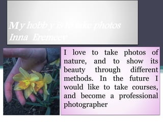 My hobb y is to take photos
Inna Eremeev
I love to take photos of
nature, and to show its
beauty through different
methods. In the future I
would like to take courses,
and become a professional
photographer
 