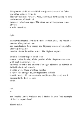 The picture could be classified as organism: several of fishes
and other animals living in
their environment “water”. Also, showing a bird having its own
environment of food and
producer, which are eggs. The other part of the picture is not
obviou
s to be described.
Q5A:
The lowest trophic level is the first trophic level. The reason is
that set of organisms that
can manufacture their energy and biomass using only sunlight,
drawing inorganic
nutrients from the soil or water. The highest trophic
level is the last trophic level. The
reason is that the size of the portion of the diagram associated
with each trophic level is
intended to depict the amount of energy, biomass, or number of
individuals found in each
trophic level. There are three number
s represents energy. 10,000 represents the last
trophic level, 100 represents the middle trophic level, and 1
represents the first trophic
level.
Q6
A:
1st Trophic Level: Producer and it Makes its own food example
of the 1st trophic level
Plants make
 