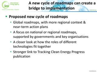© OECD/IEA 2015
A new cycle of roadmaps can create a
bridge to implementation
 Proposed new cycle of roadmaps
• Global roadmaps, with more regional context &
near-term action plans
• A focus on national or regional roadmaps,
supported by governments and key organisations
• A closer look at how the roles of different
technologies fit together
• Stronger link to Tracking Clean Energy Progress
publication
 