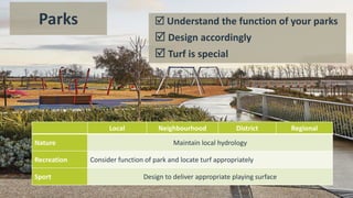  Understand the function of your parks
 Design accordingly
 Turf is special
Local Neighbourhood District Regional
Nature Maintain local hydrology
Recreation Consider function of park and locate turf appropriately
Sport Design to deliver appropriate playing surface
Parks
 