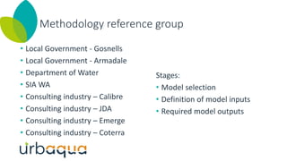 Methodology reference group
• Local Government - Gosnells
• Local Government - Armadale
• Department of Water
• SIA WA
• Consulting industry – Calibre
• Consulting industry – JDA
• Consulting industry – Emerge
• Consulting industry – Coterra
Stages:
• Model selection
• Definition of model inputs
• Required model outputs
 