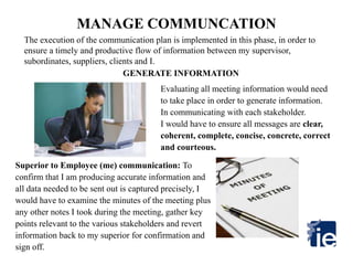 MANAGE COMMUNCATION
The execution of the communication plan is implemented in this phase, in order to
ensure a timely and productive flow of information between my supervisor,
subordinates, suppliers, clients and I.
GENERATE INFORMATION
Evaluating all meeting information would need
to take place in order to generate information.
In communicating with each stakeholder.
I would have to ensure all messages are clear,
coherent, complete, concise, concrete, correct
and courteous.
Superior to Employee (me) communication: To
confirm that I am producing accurate information and
all data needed to be sent out is captured precisely, I
would have to examine the minutes of the meeting plus
any other notes I took during the meeting, gather key
points relevant to the various stakeholders and revert
information back to my superior for confirmation and
sign off.
 