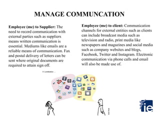 MANAGE COMMUNCATION
Employee (me) to Supplier: The
need to record communication with
external parties such as suppliers
means written communication is
essential. Mediums like emails are a
reliable means of communication. Fax
and postal delivery of letters can be
sent where original documents are
required to attain sign off.
Employee (me) to client: Communication
channels for external entities such as clients
can include broadcast media such as
television and radio, print media like
newspapers and magazines and social media
such as company websites and blogs,
Facebook, Twitter and Instagram. Electronic
communication via phone calls and email
will also be made use of.
 