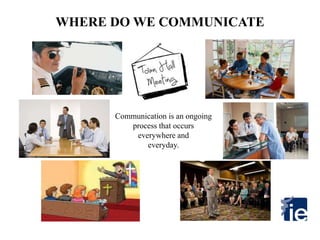 WHERE DO WE COMMUNICATE
Communication is an ongoing
process that occurs
everywhere and
everyday.
 